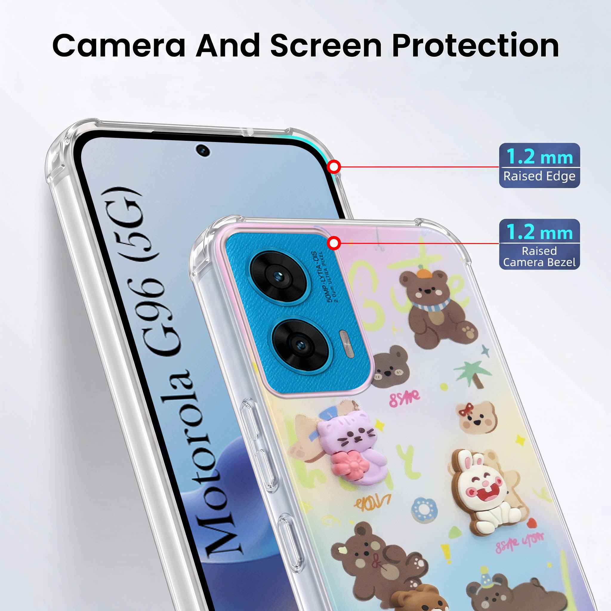 For Motorola Moto G96 Back Cover Case (3D Cute Cartoons | Hard Back Side Soft | Matte Premium Finish | HD Printing)