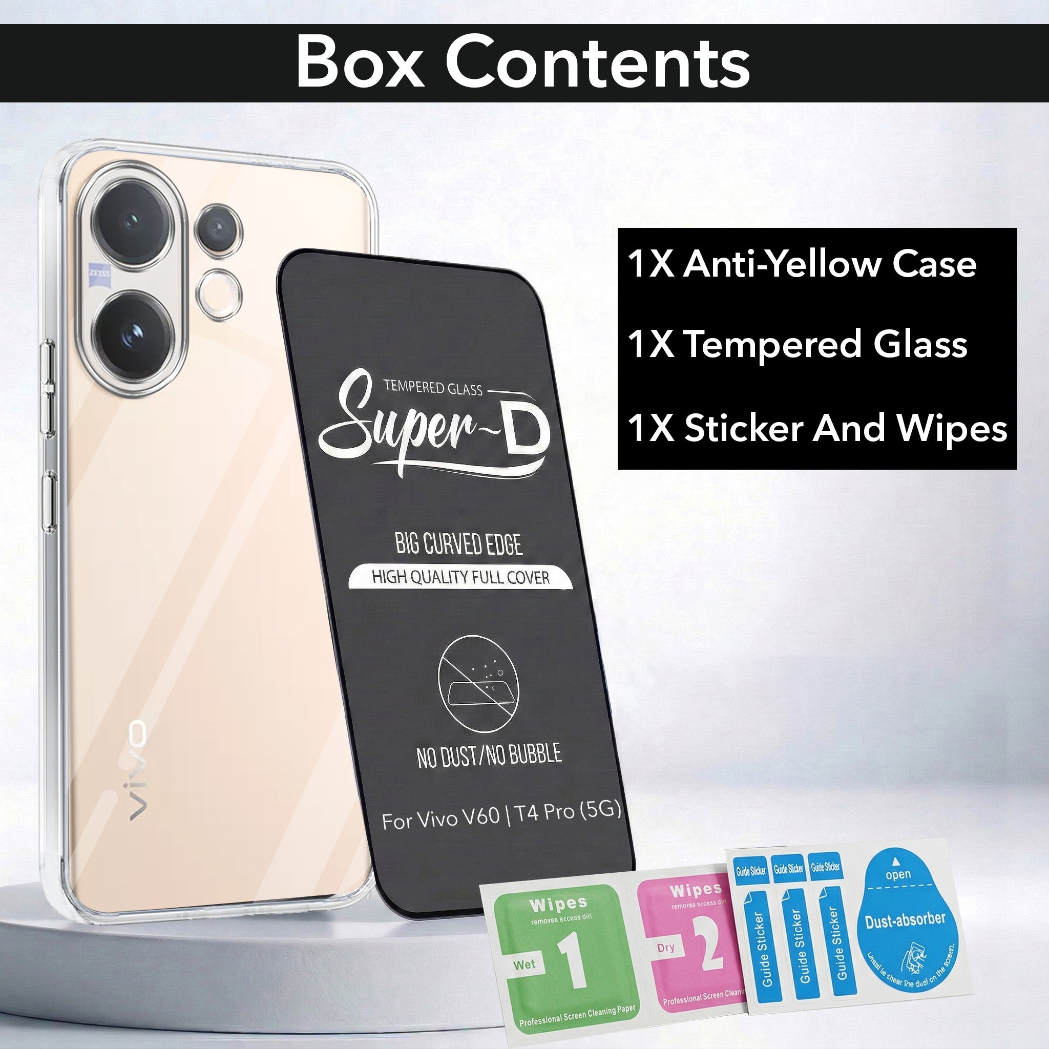 For Vivo V60 | Vivo T4 Pro Combo with Back Cover and 9H Tempered Glass (Lifetime Anti-Yellow | Sleek Hard Crystal | Oleophobic Coating Screen Glass)