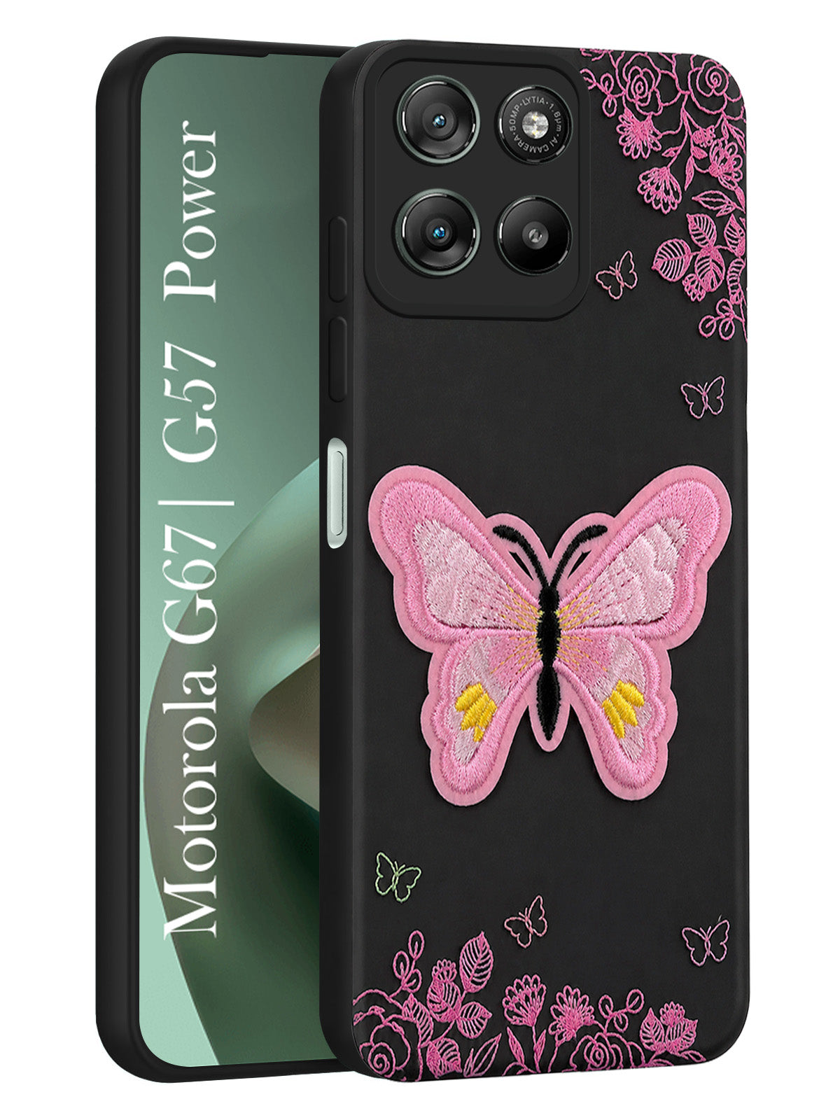 For Motorola Moto G67 Power | G57 Power Back Cover Case (Soft Butterfly Embroidery | Women Teen Girls | Camera Protection| Matte Silicone)