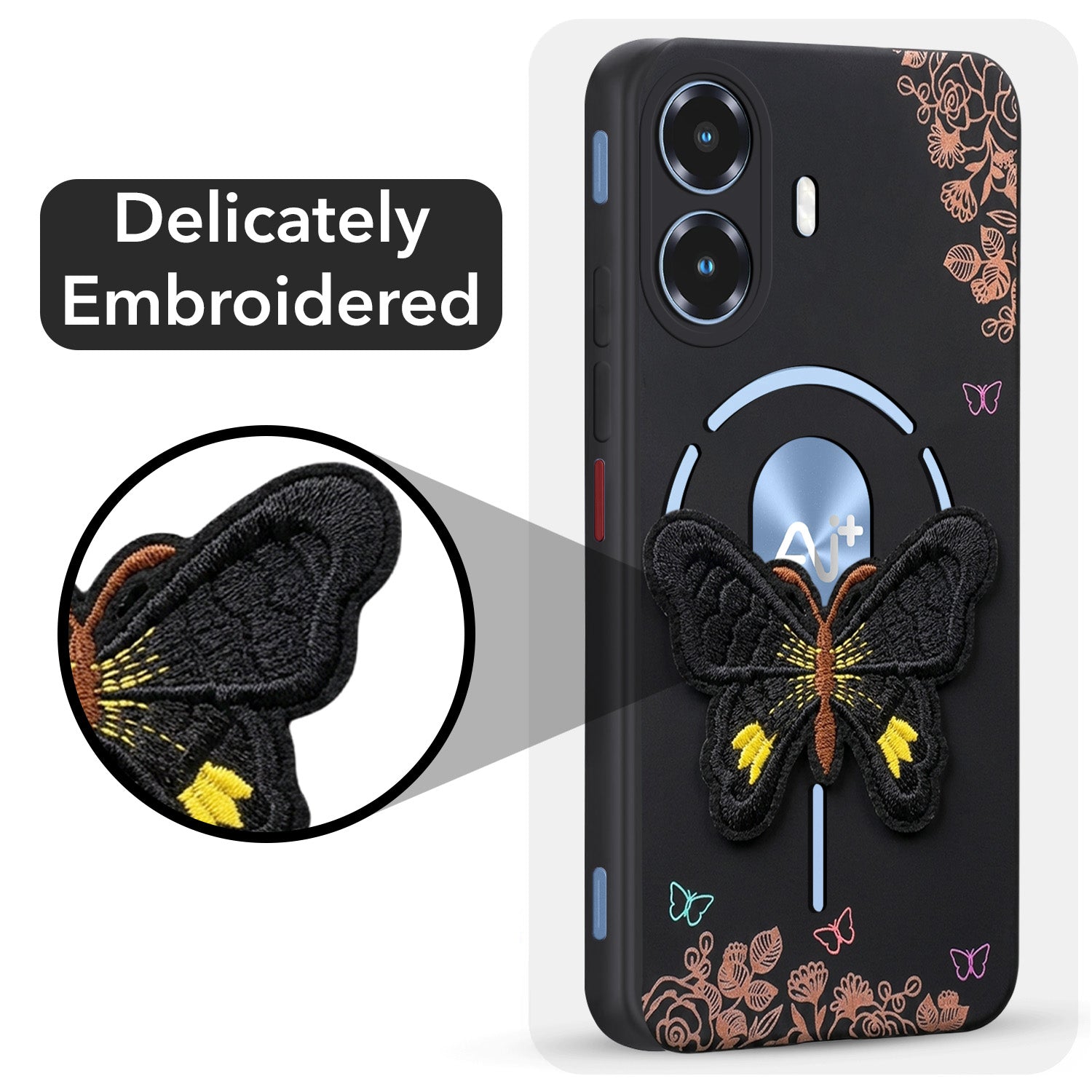 For Ai+ Nova 2 Ultra 5G Back Cover Case (Soft Butterfly Embroidery | Women Teen Girls | Camera Protection| Matte Silicone)