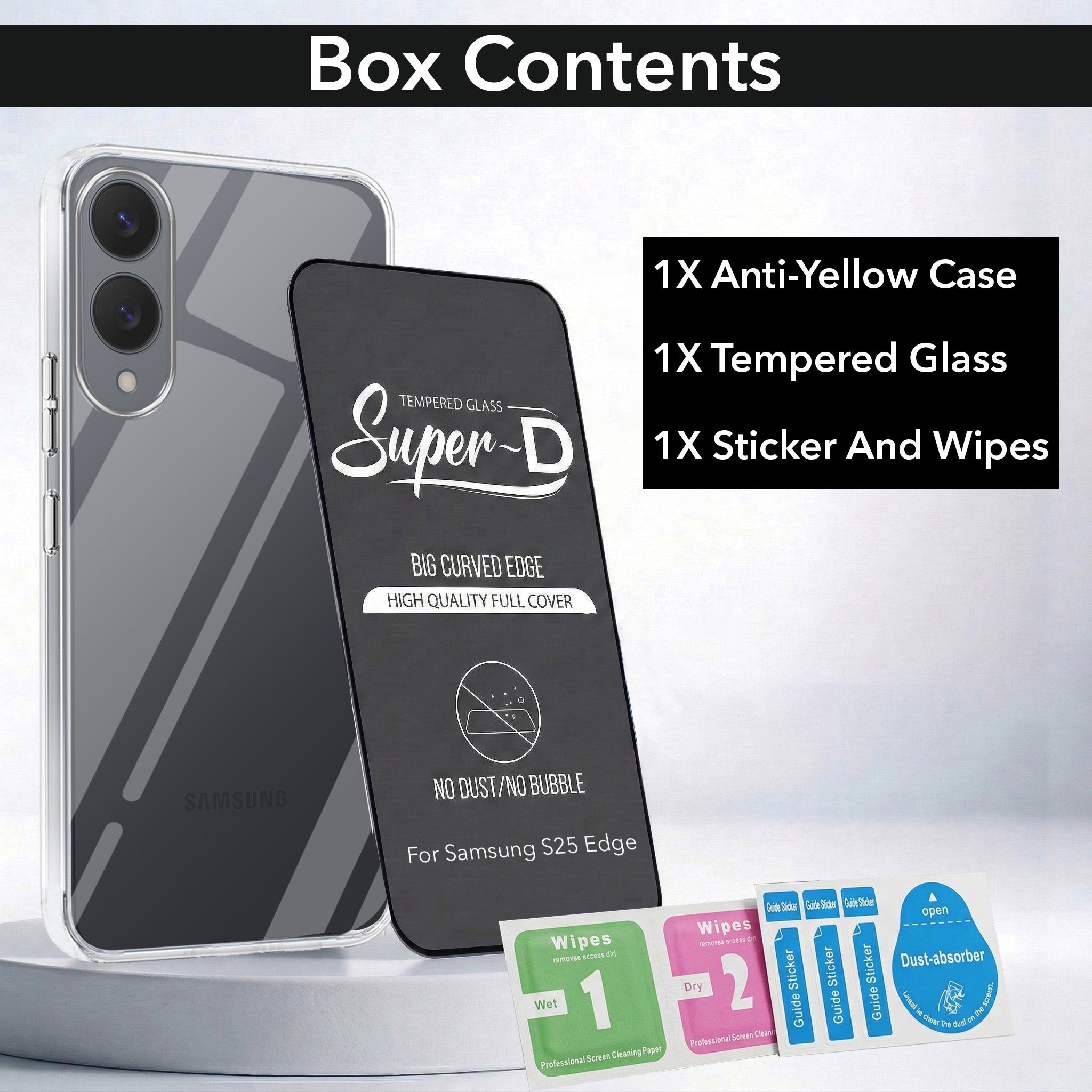 For Samsung Galaxy S25 Edge Combo with Back Cover and 9H Tempered Glass (Lifetime Anti-Yellow | Sleek Hard Crystal | Oleophobic Coating Screen Glass)