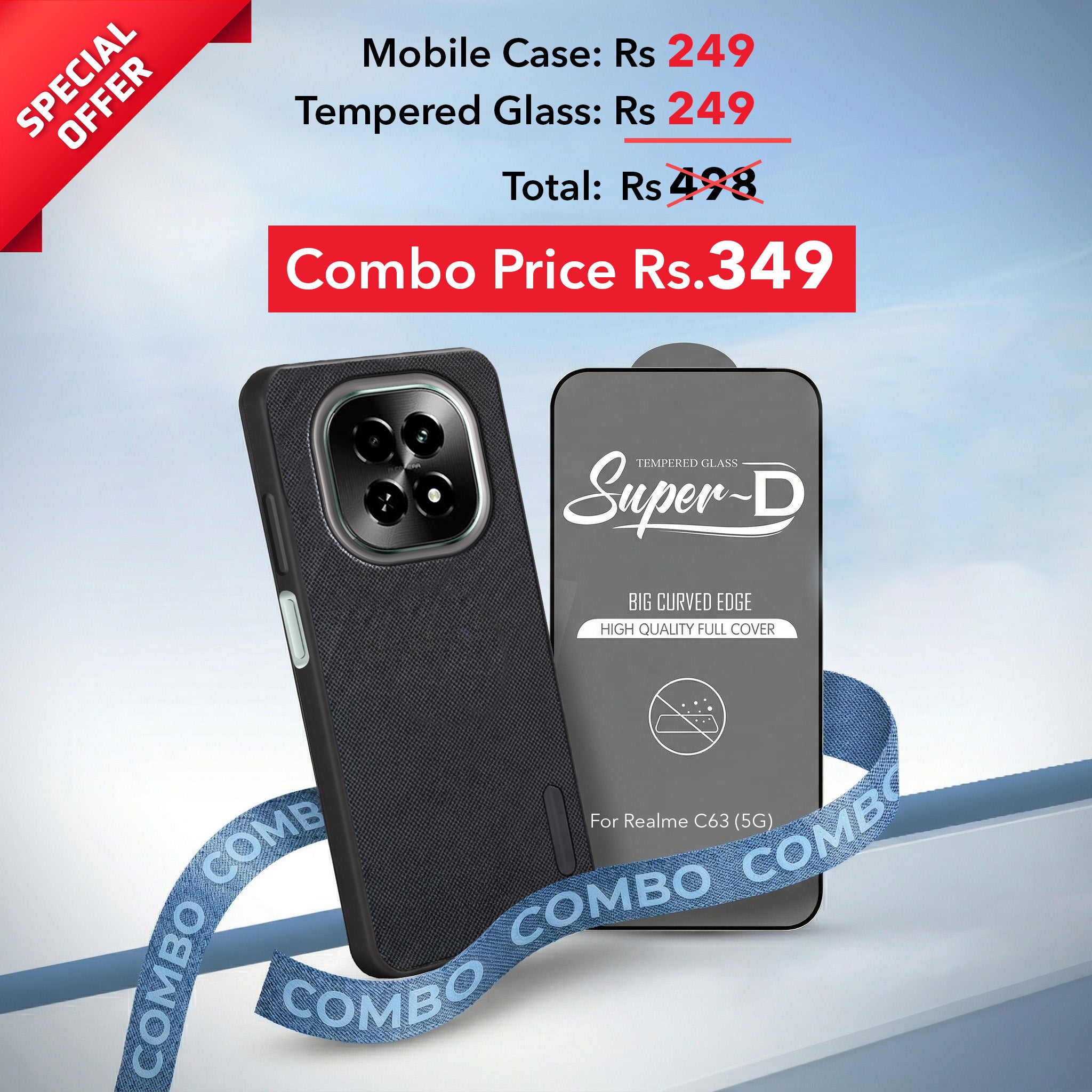For Realme C63 5G Combo (Textured Grip Design | Micro-Fiber Cloth Inside | Oleophobic Coating Screen Glass)
