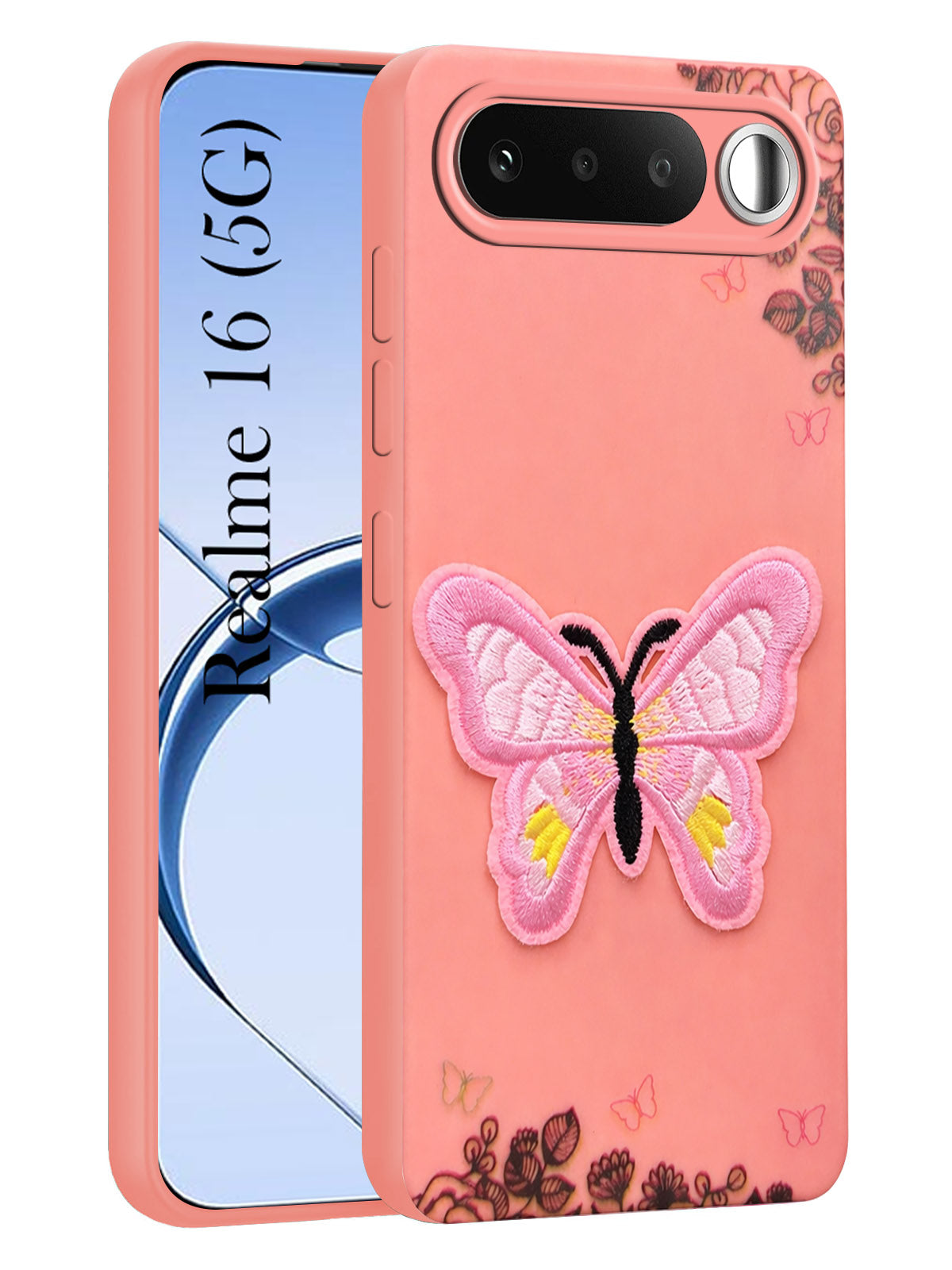 For Realme 16 Back Cover Case (Soft Butterfly Embroidery | Women Teen Girls | Camera Protection| Matte Silicone)