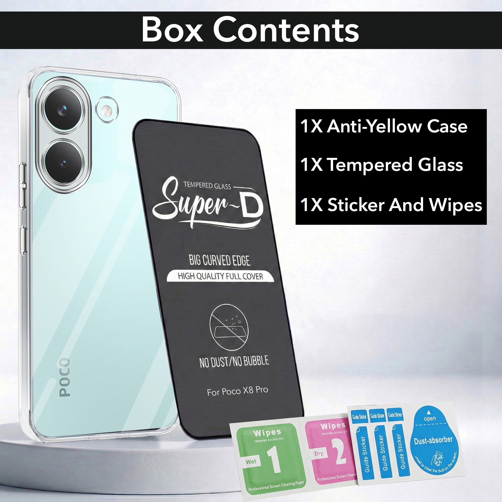 For Poco X8 Pro Combo with Back Cover and 9H Tempered Glass (Lifetime Anti-Yellow | Sleek Hard Crystal | Oleophobic Coating Screen Glass)