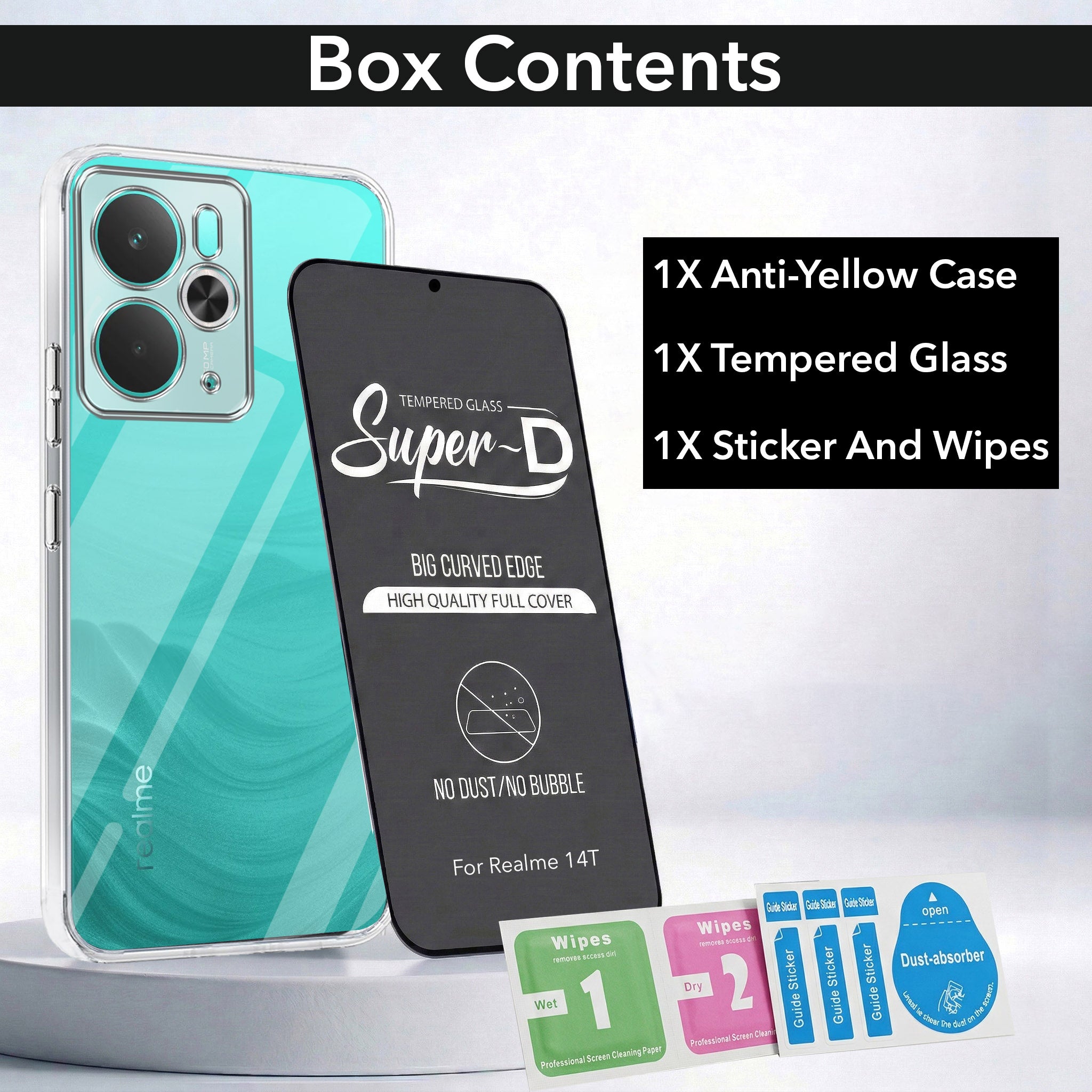 For Realme 14T Combo with Back Cover and 9H Tempered Glass (Lifetime Anti-Yellow | Sleek Hard Crystal | Oleophobic Coating Screen Glass)