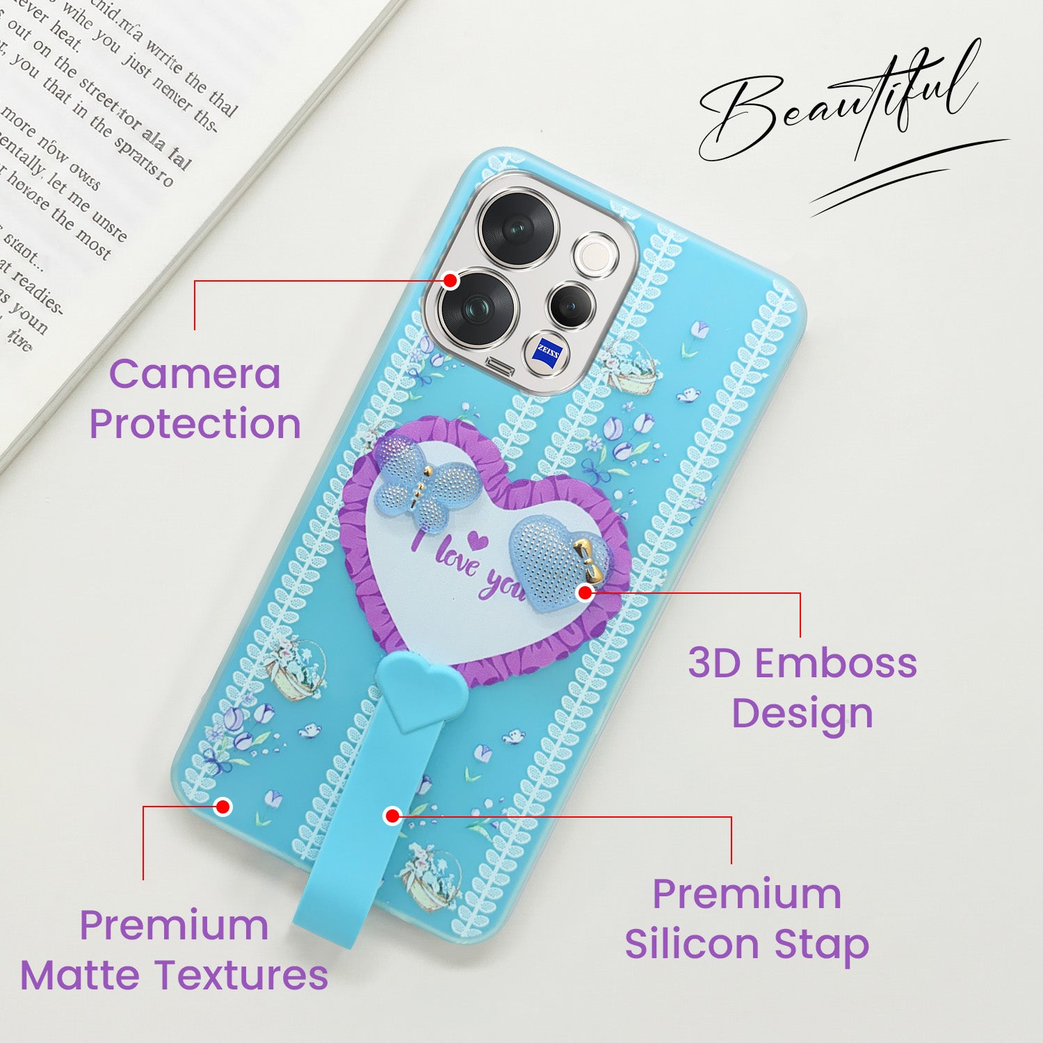 For Vivo V70 | Vivo V70 Elite 5G Back Cover Case (3D Cute Heart Strap Holder | Camera Protection | Designer Girls Print)
