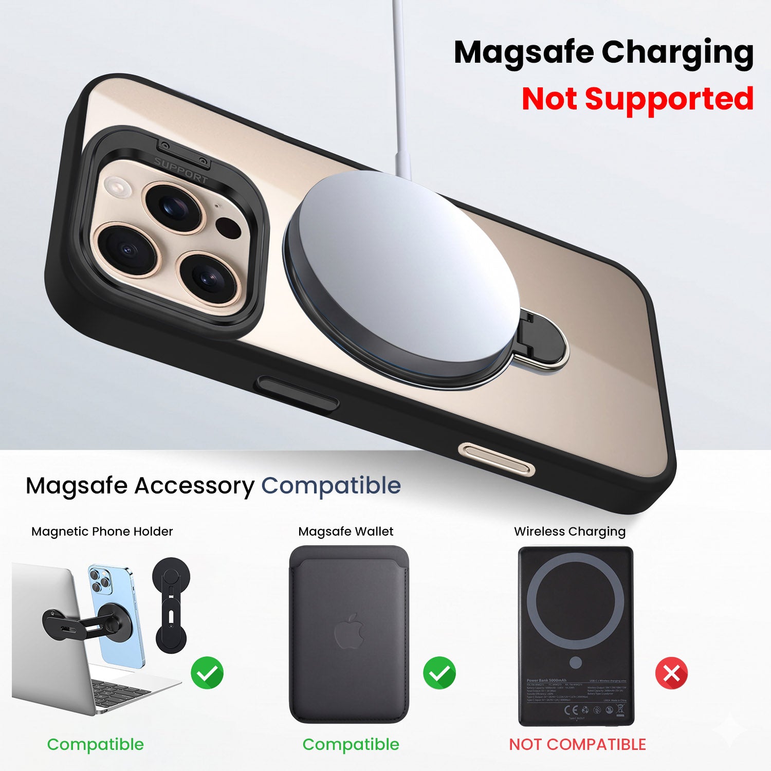 For Apple iPhone 16 Pro Back Cover Case Crystal (Lifetime Anti Yellow | Magnetic Ring Stand | Camera Lens Protection | MagSafe Compatible)