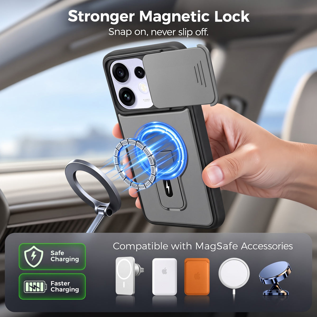 For Oppo Reno 16 Power Back Case Cover Metallic (Hybrid Armor Kickstand | Sliding Shutter Camera Protection | MagSafe Compatible)