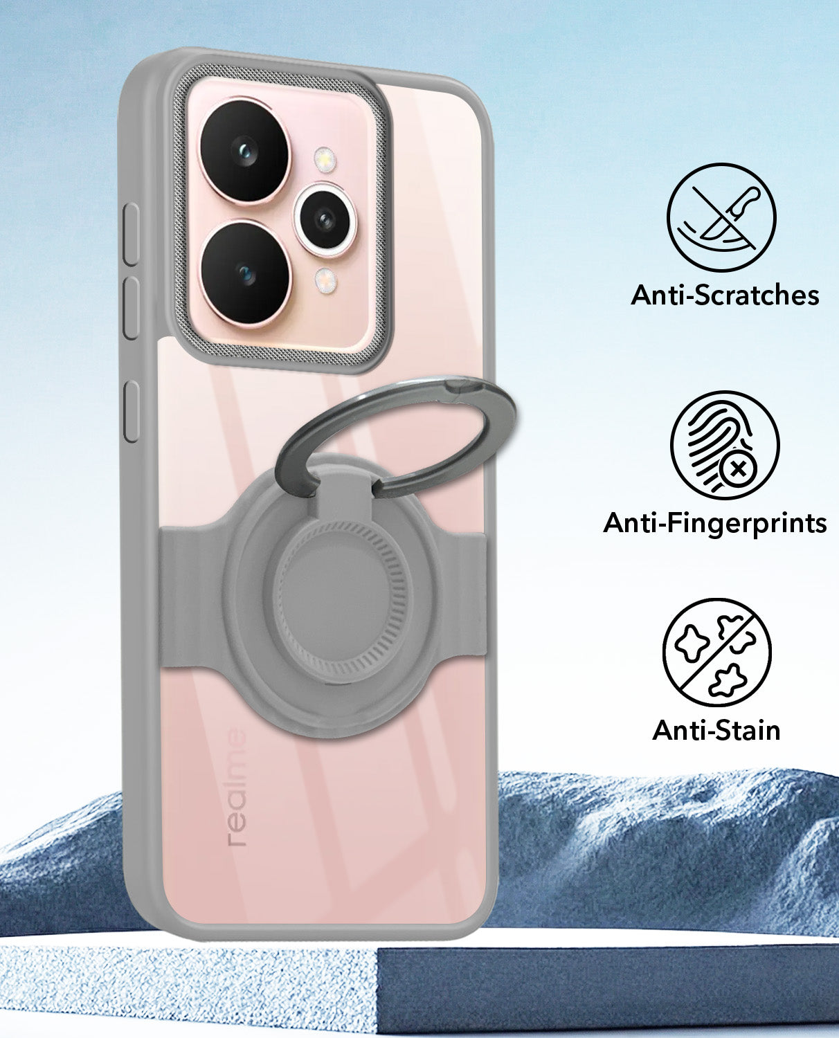 For Realme 15 Back Cover Case with stand (Built-in Ring Holder Kickstand | Lifetime Anti Yellow | Camera Protection)