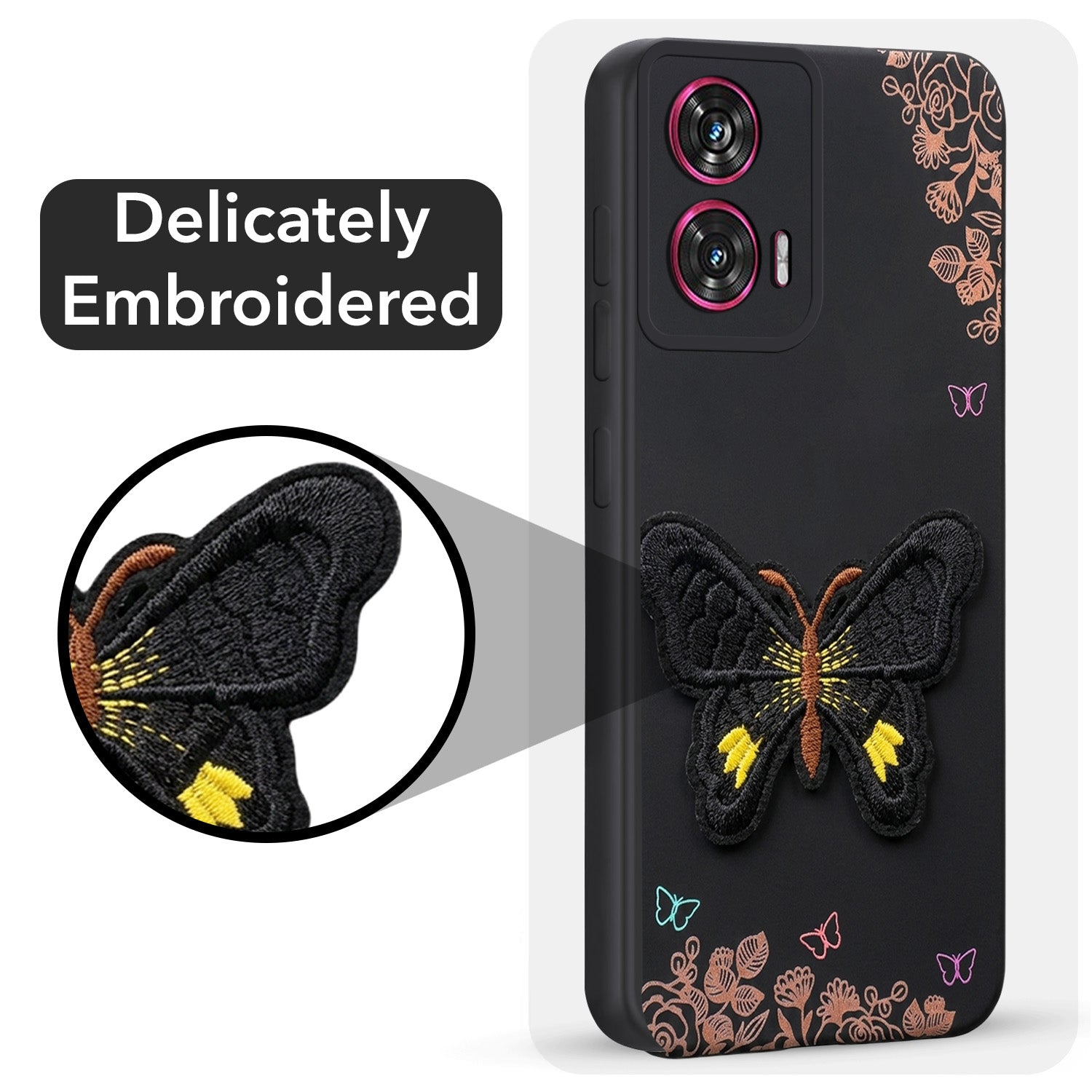 For Motorola Moto Edge 50 Fusion Back Cover Case (Soft Butterfly Embroidery | Women Teen Girls | Camera Protection| Matte Silicone)