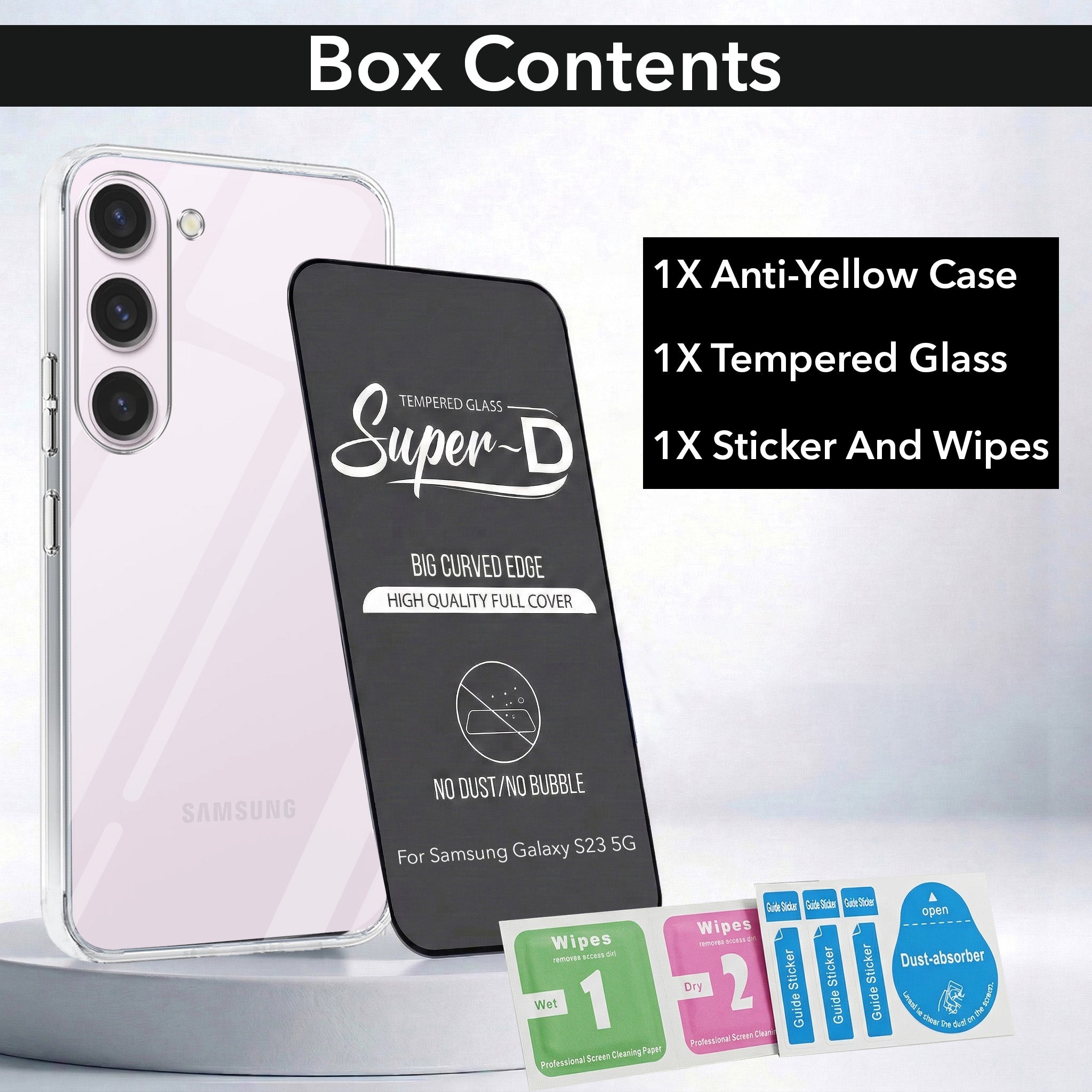 For Samsung Galaxy S23 5G Combo with Back Cover and 9H Tempered Glass (Lifetime Anti-Yellow | Sleek Hard Crystal | Oleophobic Coating Screen Glass)