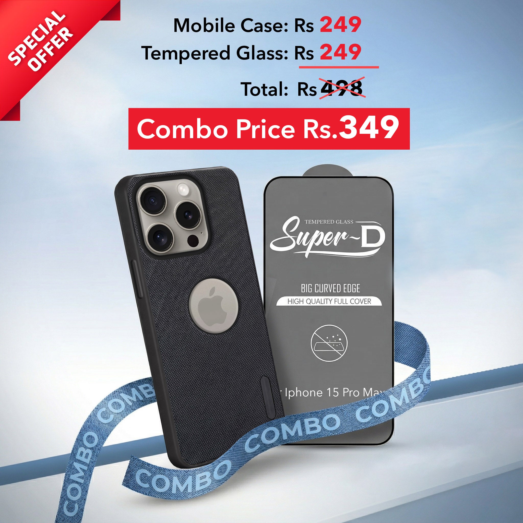 For Apple iPhone 15 Pro Max Combo (Textured Grip Design | Micro-Fiber Cloth Inside | Oleophobic Coating Screen Glass)