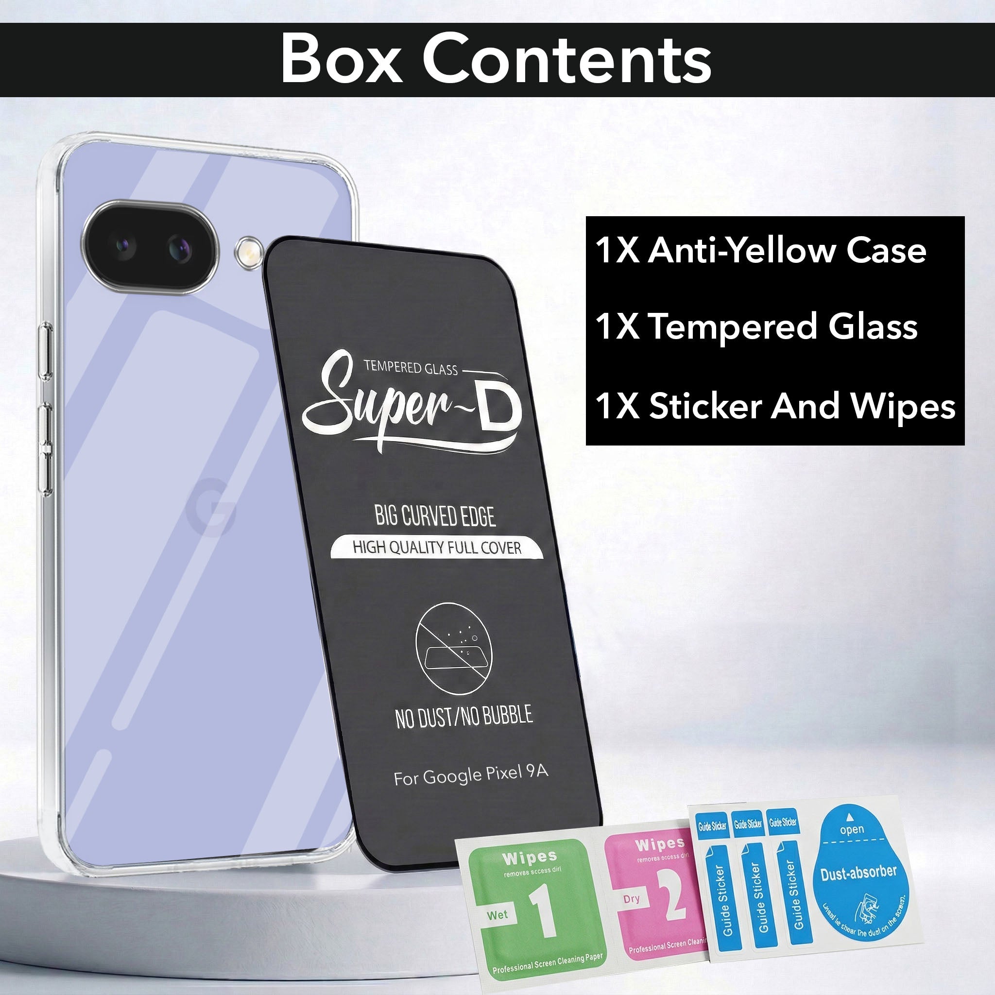 For Google Pixel 9A Combo with Back Cover and 9H Tempered Glass (Lifetime Anti-Yellow | Sleek Hard Crystal | Oleophobic Coating Screen Glass)