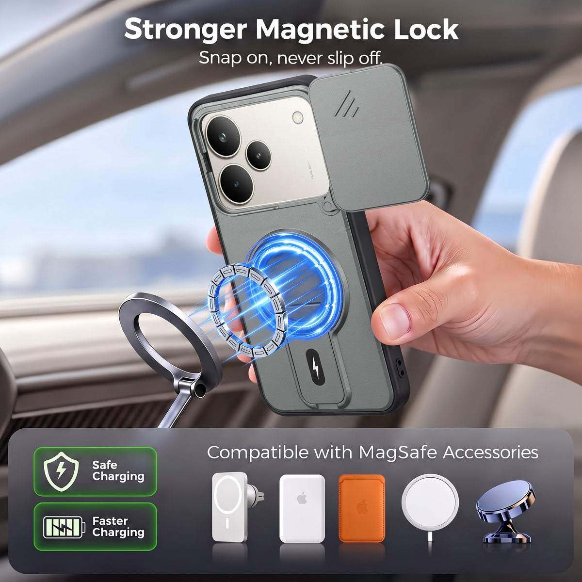 For Realme P4 Pro Back Case Cover Metallic (Hybrid Armor Kickstand | Sliding Shutter Camera Protection | MagSafe Compatible)