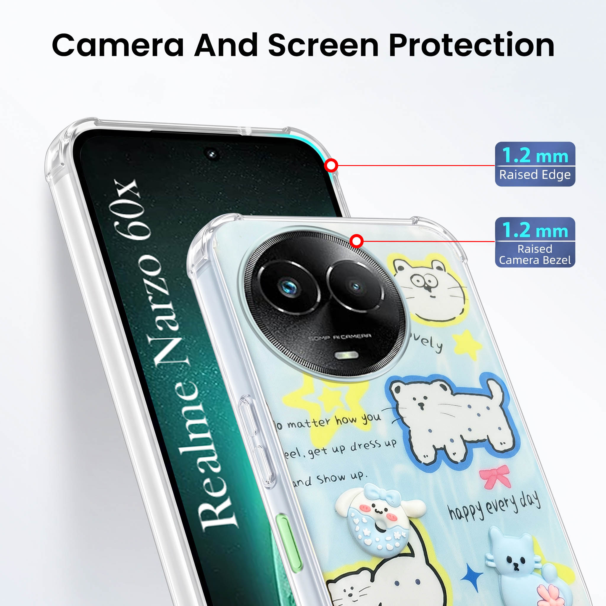 For Realme Narzo 60x Back Cover Case (3D Cute Cartoons | Hard Back Side Soft | Matte Premium Finish | HD Printing)