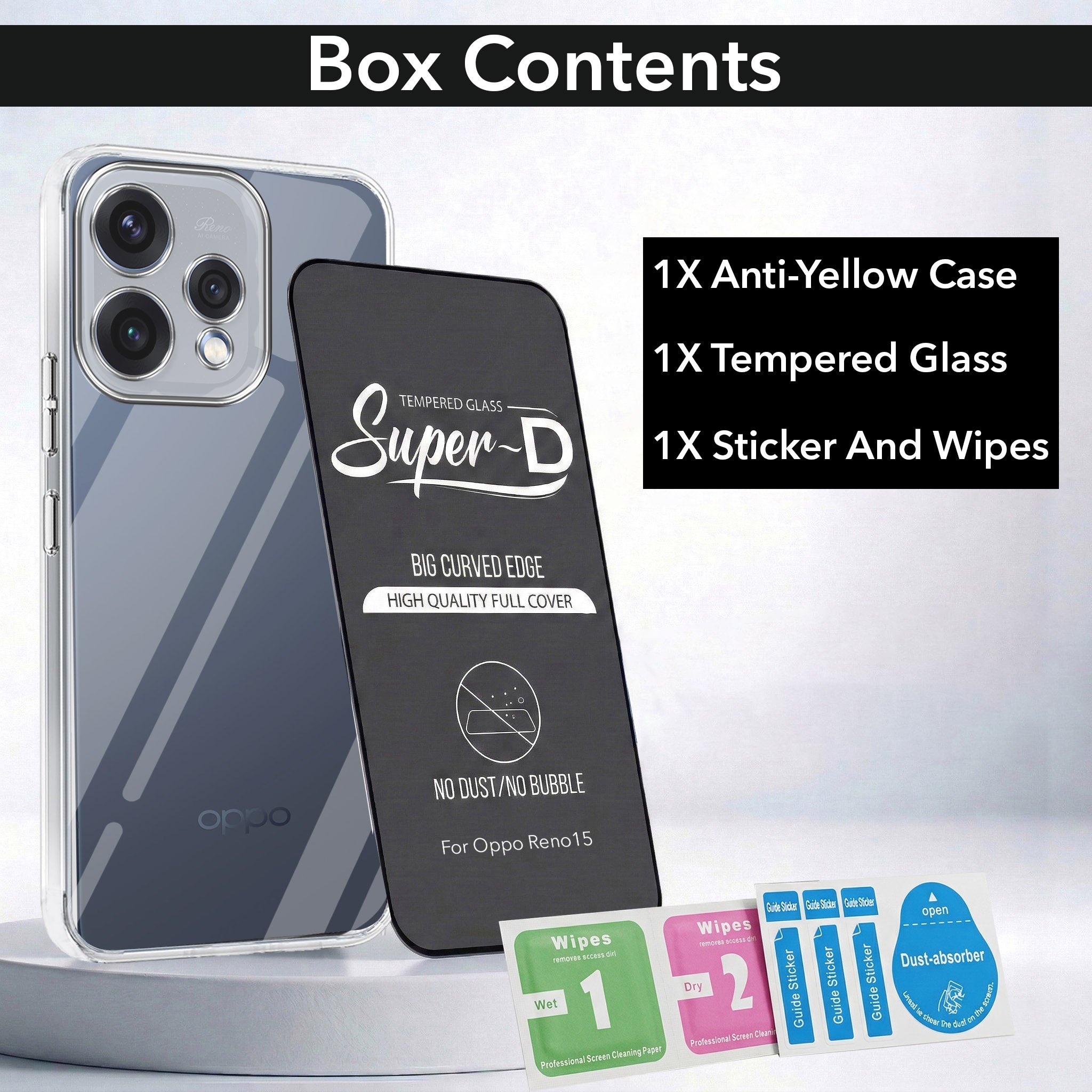 For Oppo Reno15 5G | Oppo Reno 15 5G Combo with Back Cover and 9H Tempered Glass (Lifetime Anti-Yellow | Sleek Hard Crystal | Oleophobic Coating Screen Glass)