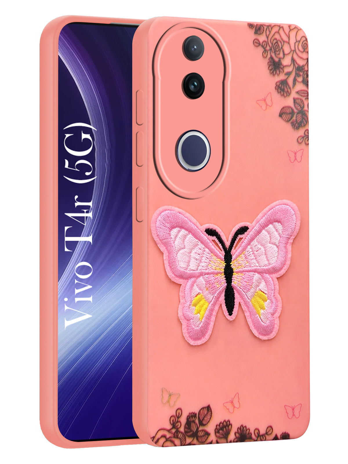For Vivo T4R Back Cover Case (Soft Butterfly Embroidery | Women Teen Girls | Camera Protection| Matte Silicone)