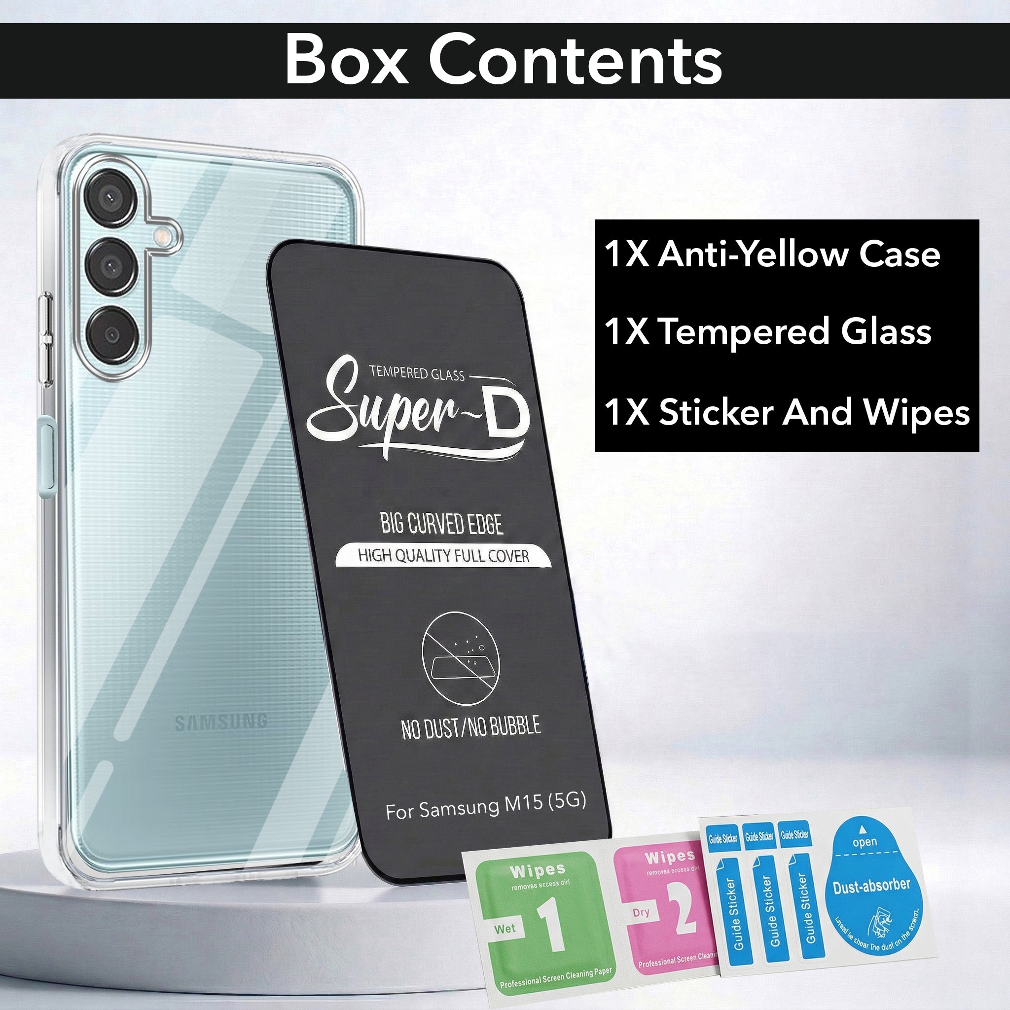 For Samsung Galaxy M15 5G Combo with Back Cover and 9H Tempered Glass (Lifetime Anti-Yellow | Sleek Hard Crystal | Oleophobic Coating Screen Glass)