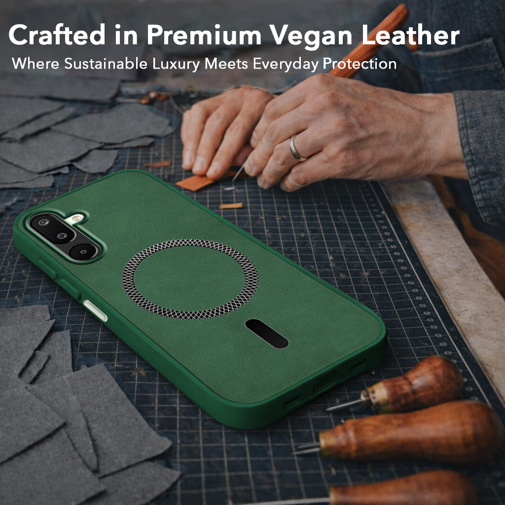 For Samsung Galaxy M16 5G | Samsung Galaxy F16 5G Back Cover Case Leather Finish (MagSafe Compatible Wireless Charging | Soft Touch | Camera Bump Protection)