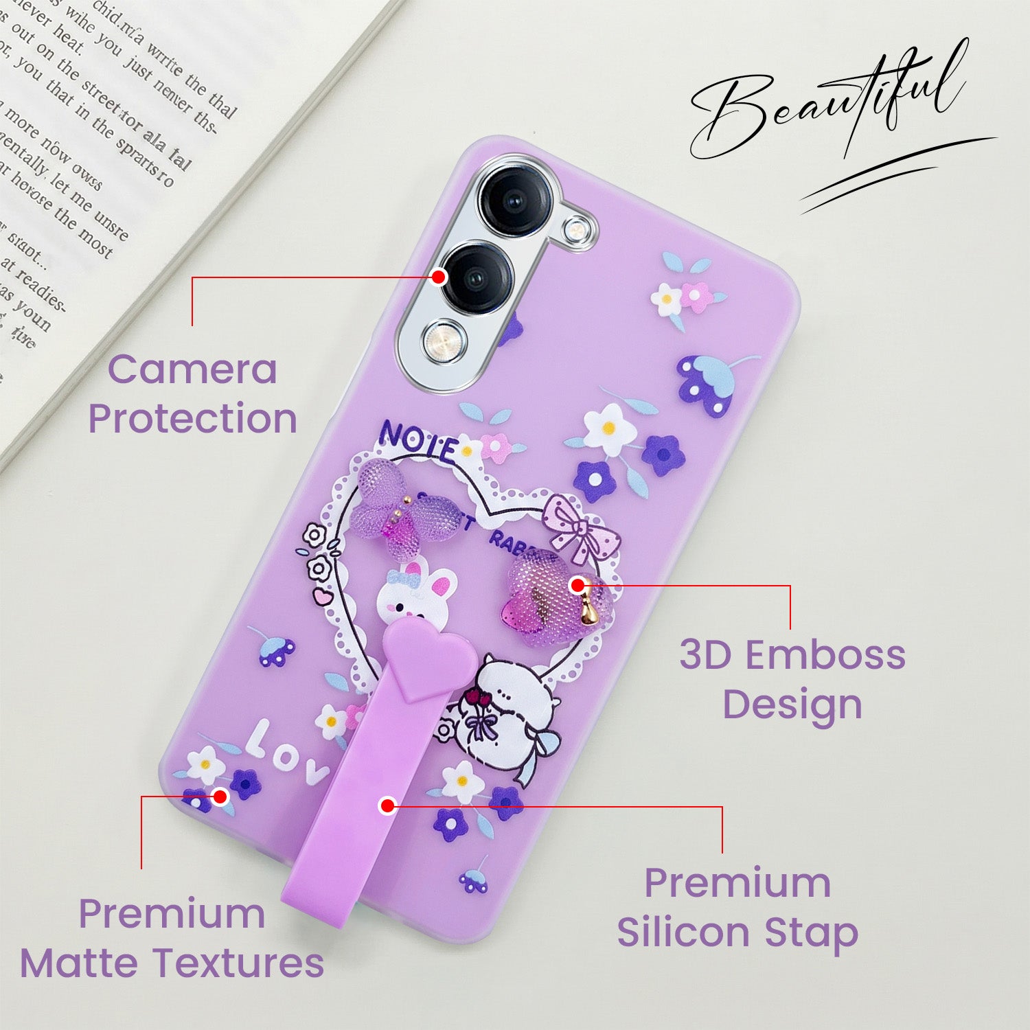 For Vivo iQOO Z10 Lite Back Cover Case (3D Cute Heart Strap Holder | Camera Protection | Designer Girls Print)