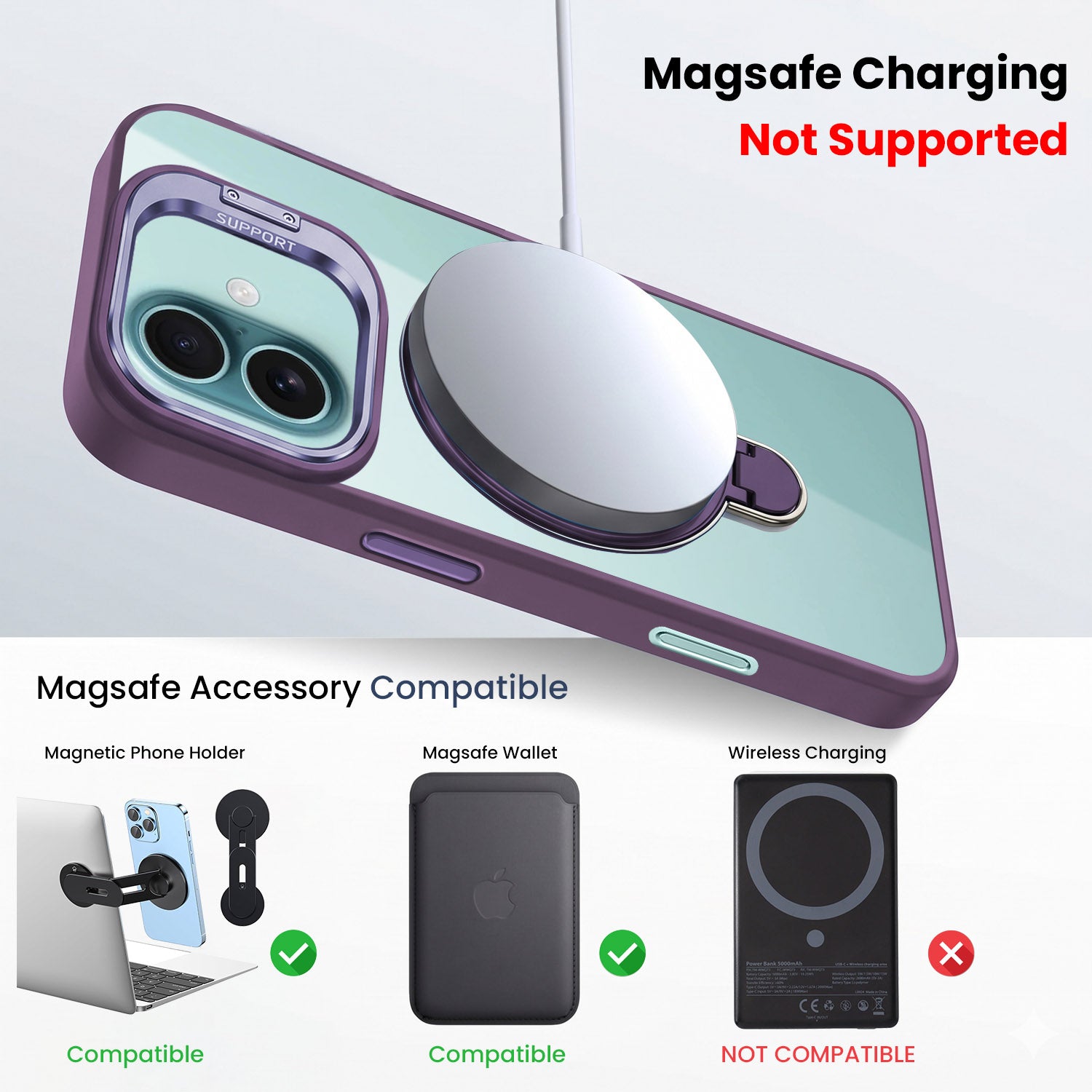 For Apple iPhone 16 Back Cover Case Crystal (Lifetime Anti Yellow | Magnetic Ring Stand | Camera Lens Protection | MagSafe Compatible)