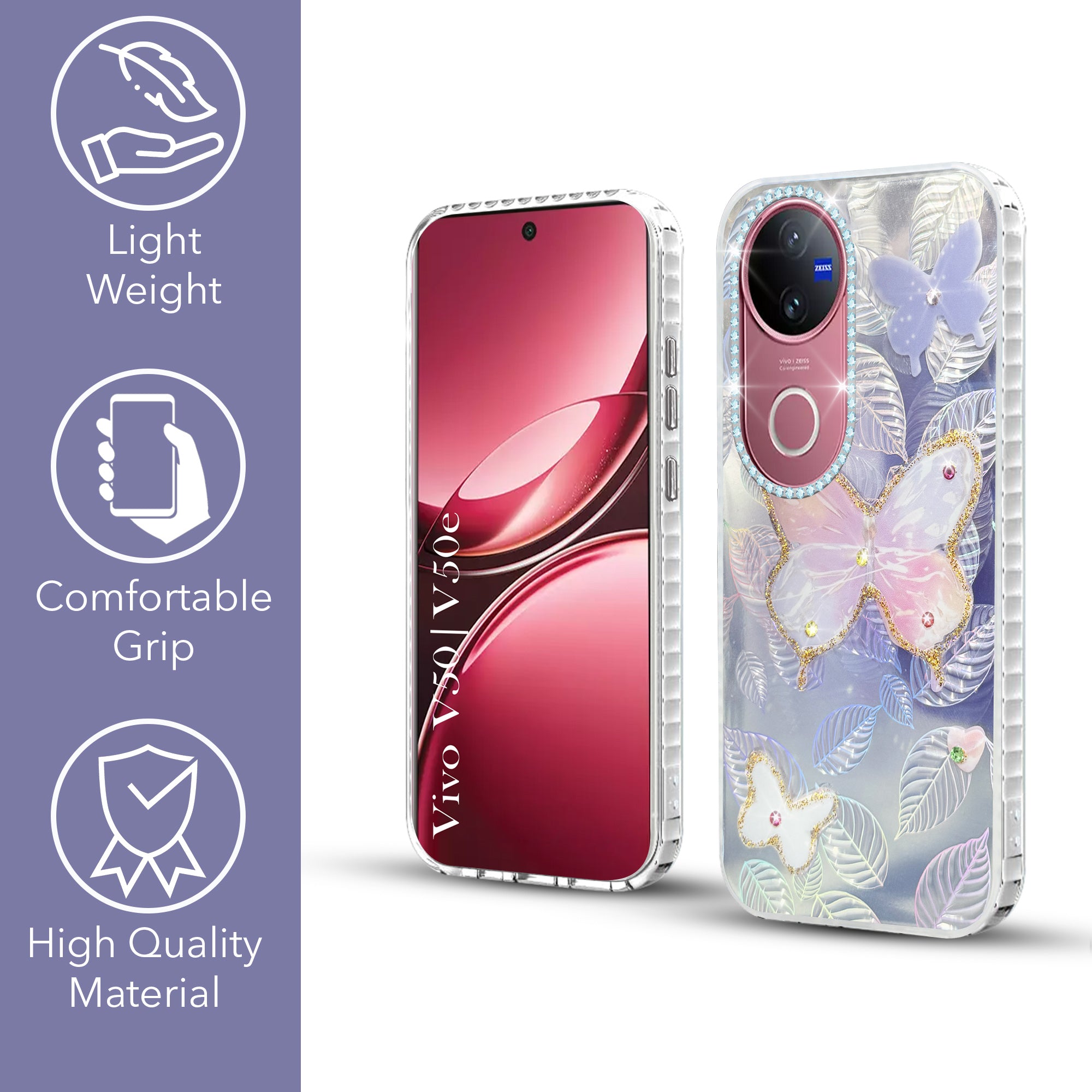 For Vivo V50 | Vivo V50e Back Cover Case (Luxury Floral Glitter Cute Butterfly | Diamond Studded Camera Bump | Girls & Women Design)