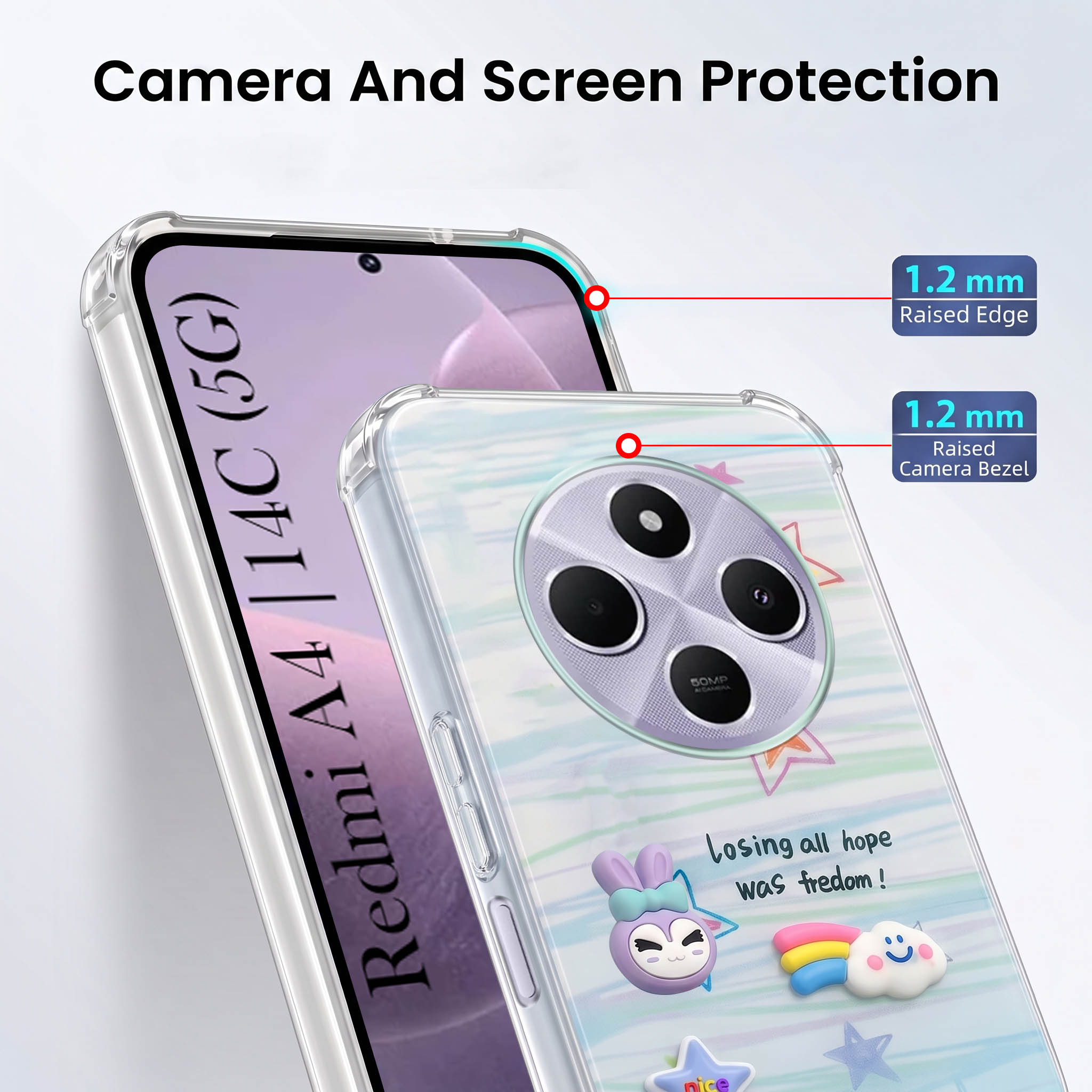 For Redmi A4 5G | Xiaomi Redmi 14C Back Cover Case (3D Cute Cartoons | Hard Back Side Soft | Matte Premium Finish | HD Printing)