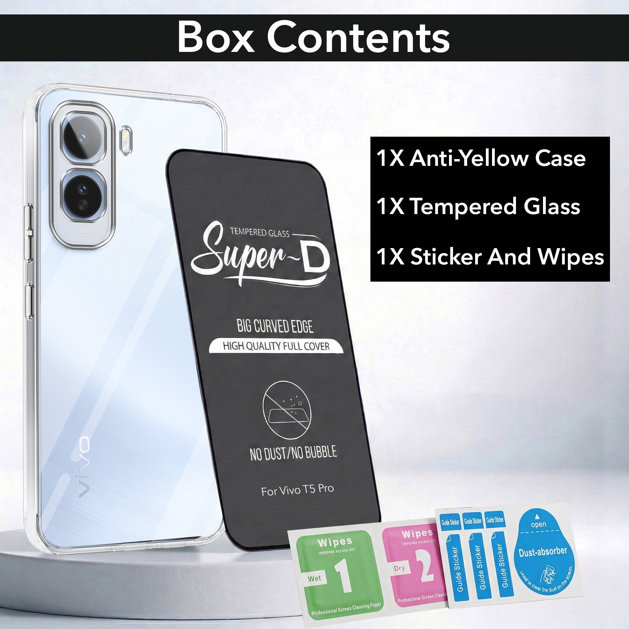 For Vivo T5 Pro 5G Combo with Back Cover and 9H Tempered Glass (Lifetime Anti-Yellow | Sleek Hard Crystal | Oleophobic Coating Screen Glass)