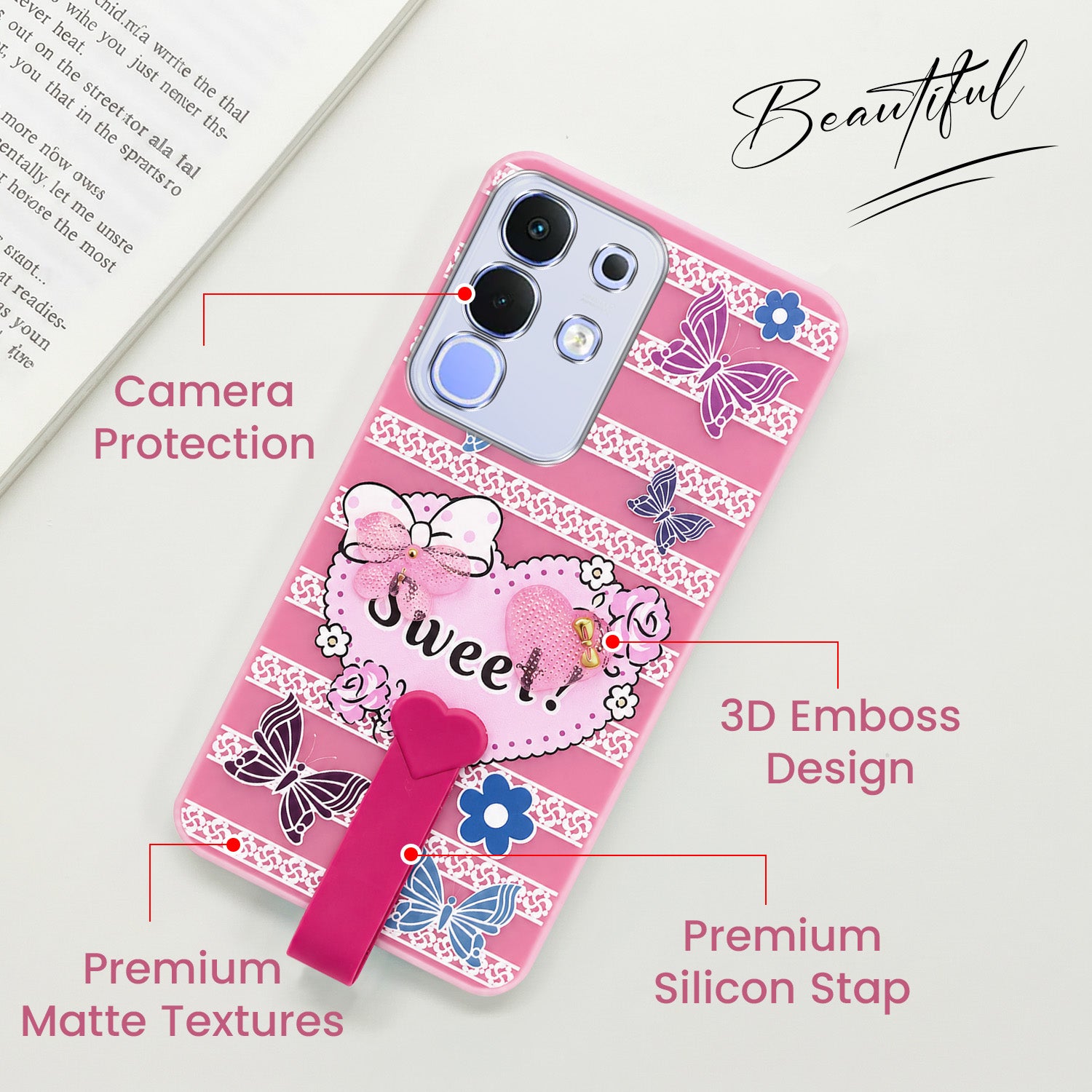 For Vivo iQOO Z10x Back Cover Case (3D Cute Heart Strap Holder | Camera Protection | Designer Girls Print)