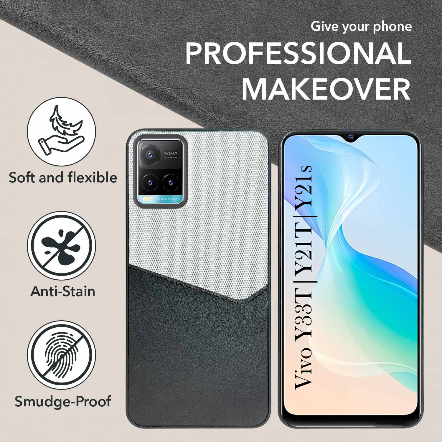 For Vivo Y33T | Vivo Y21T | Vivo Y21s Back Cover Case (Dual PU Leather Stitch | Professional Minimalist | Soft and Flexible)