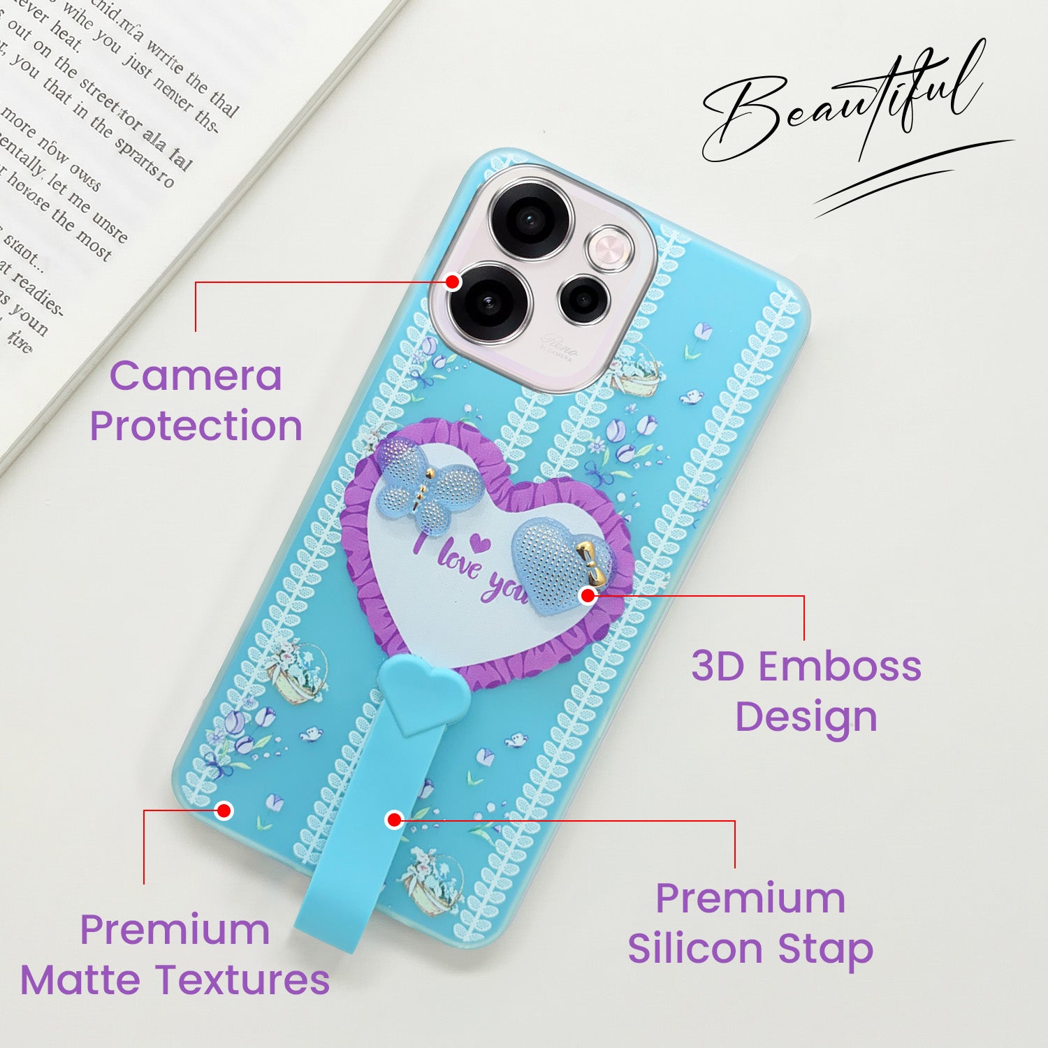 For Oppo Reno 15c Back Cover Case (3D Cute Heart Strap Holder | Camera Protection | Designer Girls Print)