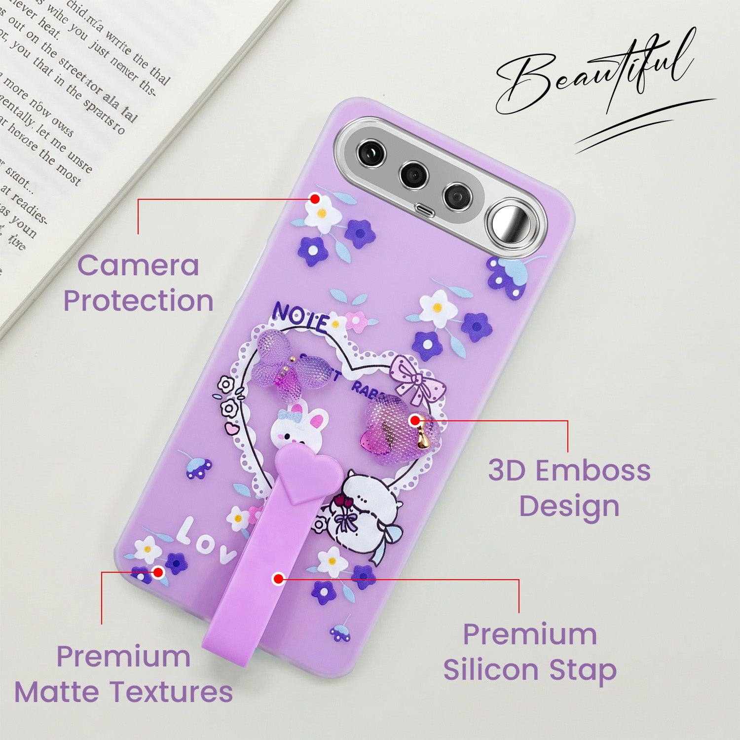 For Realme 16 Back Cover Case (3D Cute Heart Strap Holder | Camera Protection | Designer Girls Print)