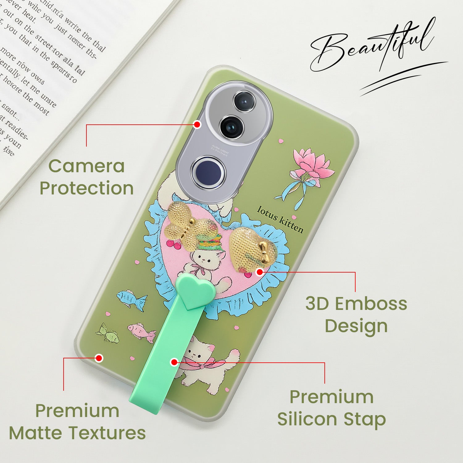 For Vivo T4R  Back Cover Case (3D Cute Heart Strap Holder | Camera Protection | Designer Girls Print)