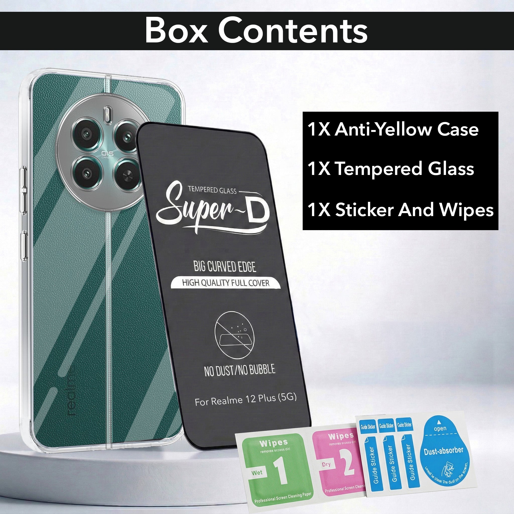 For Realme 12 Plus Combo with Back Cover and 9H Tempered Glass (Lifetime Anti-Yellow | Sleek Hard Crystal | Oleophobic Coating Screen Glass)