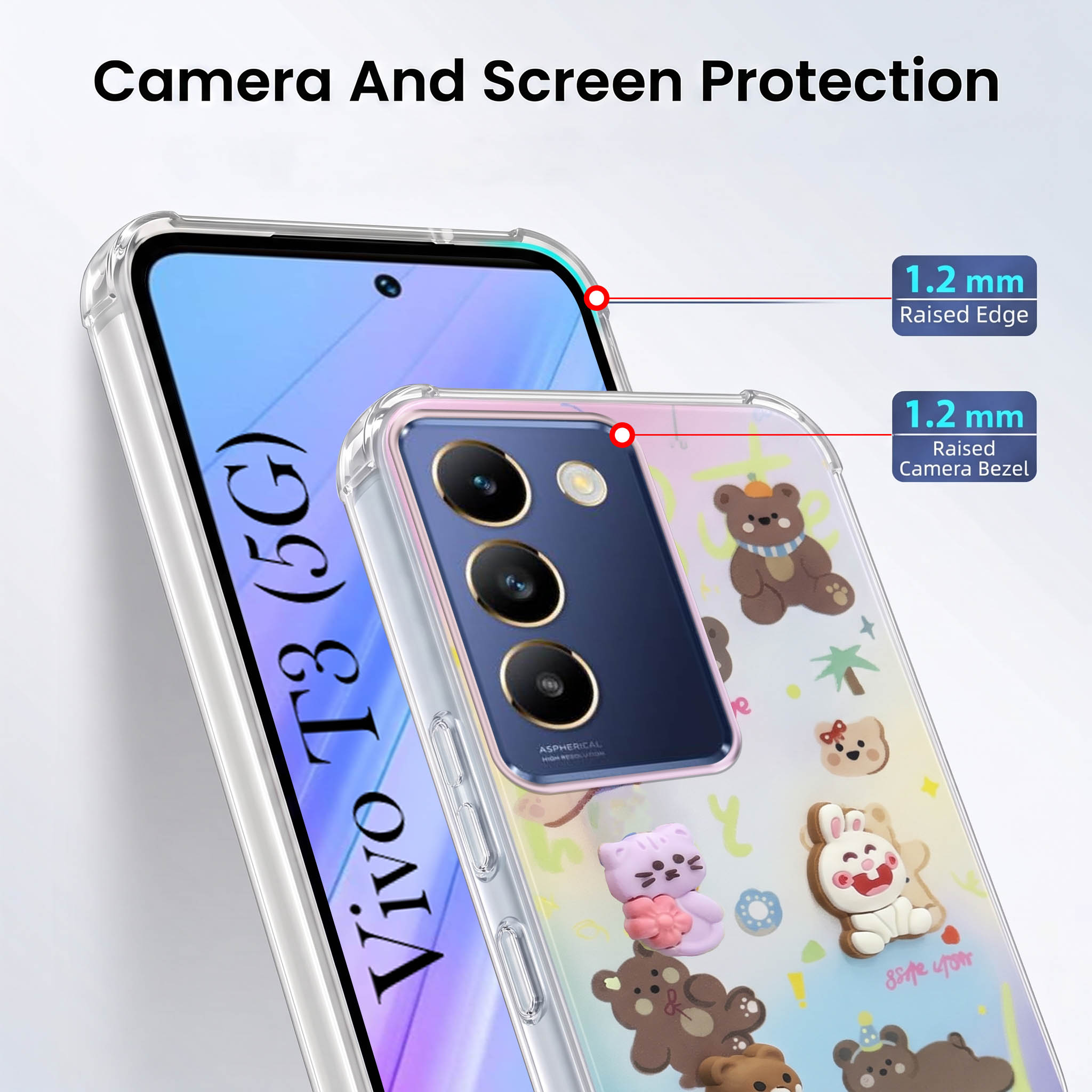 For Vivo T3 5G Back Cover Case (3D Cute Cartoons | Hard Back Side Soft | Matte Premium Finish | HD Printing)