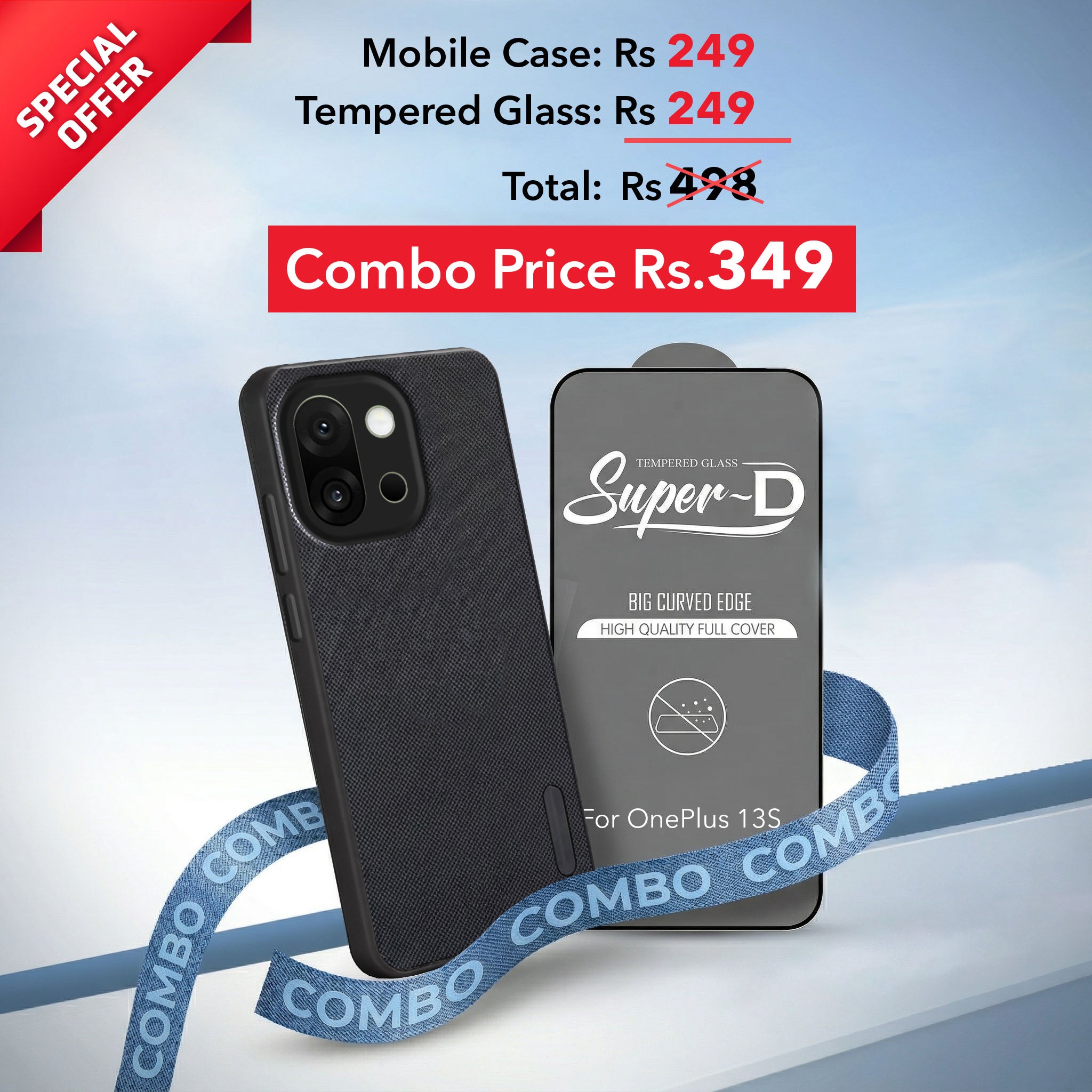 For OnePlus 13S Combo with Back Cover and 9H Tempered Glass (Textured Grip Design | Micro-Fiber Cloth Inside | Oleophobic Coating Screen Glass)