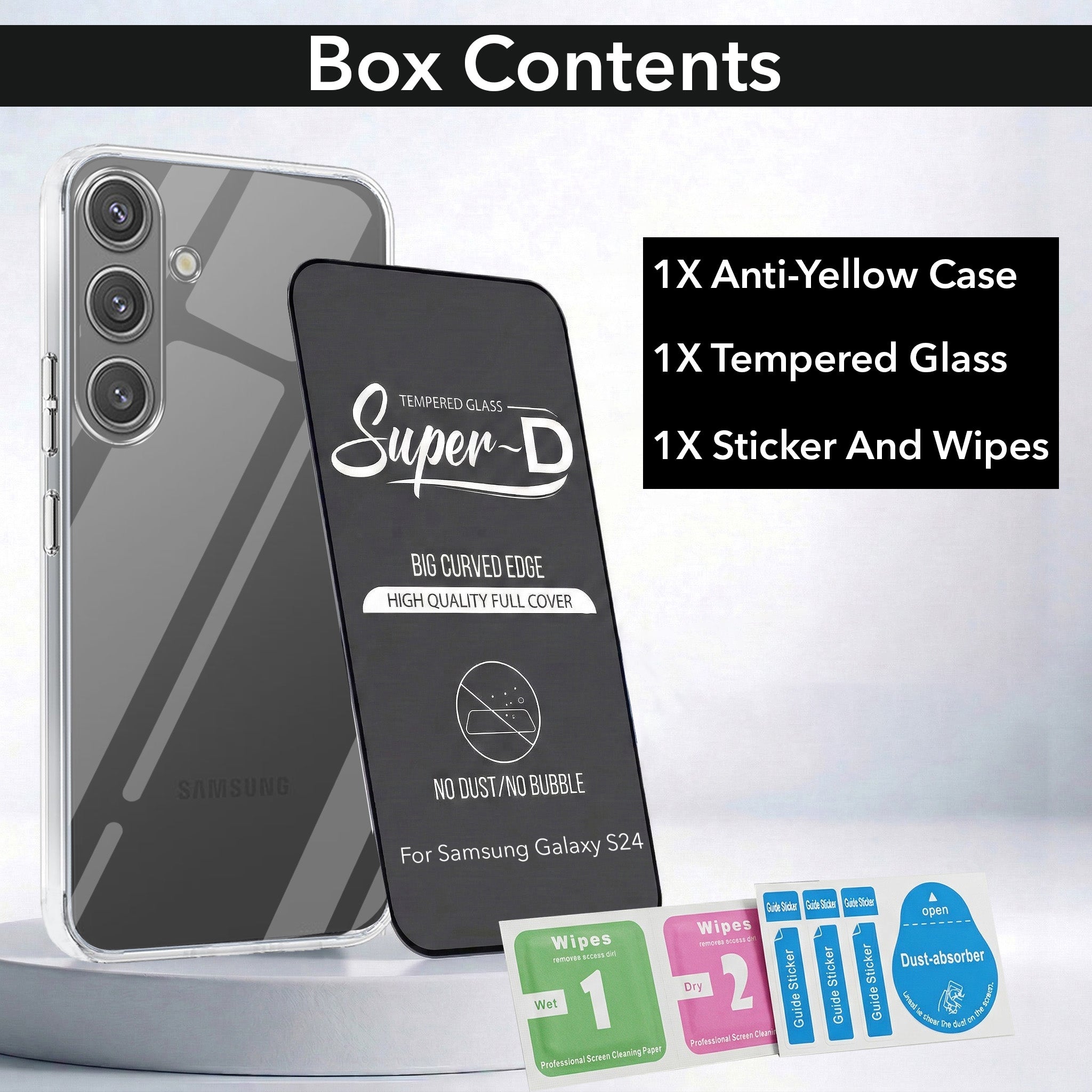 For Samsung Galaxy S24 Combo with Back Cover and 9H Tempered Glass (Lifetime Anti-Yellow | Sleek Hard Crystal | Oleophobic Coating Screen Glass)