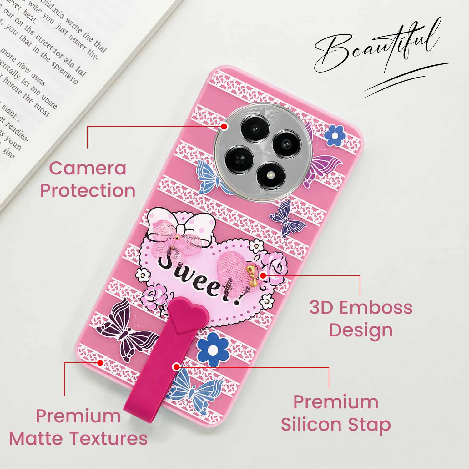For Realme Narzo N65 5G Back Cover Case (3D Cute Heart Strap Holder | Camera Protection | Designer Girls Print)