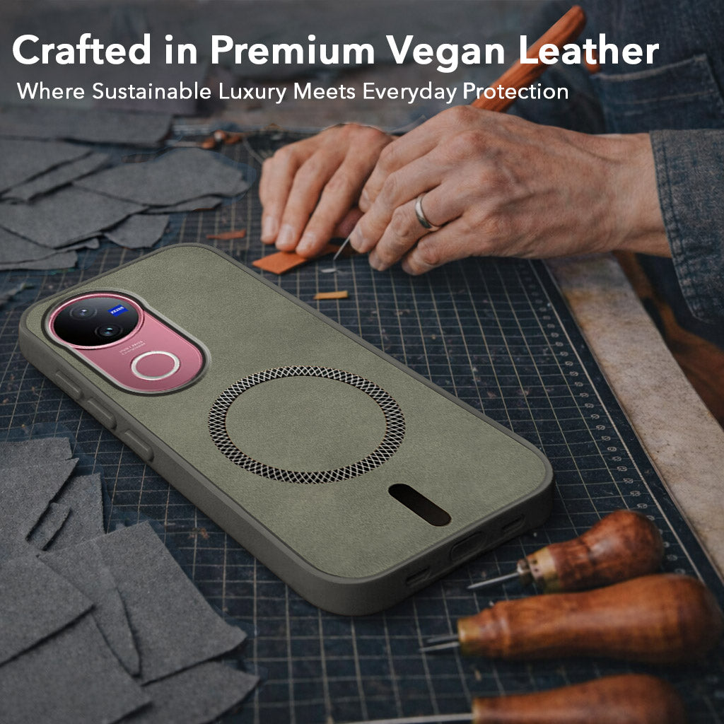 For Vivo V50 | Vivo V50e Back Cover Case Leather Finish (MagSafe Compatible Wireless Charging | Soft Touch | Camera Bump Protection)