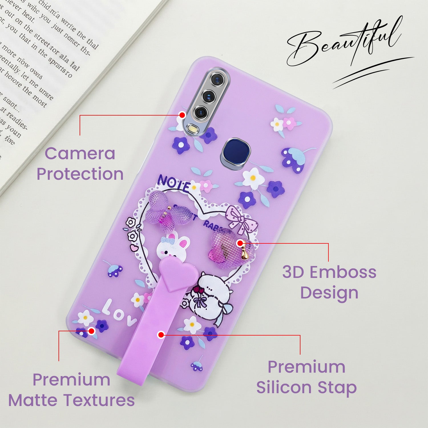 For Vivo Y12 | Y15 | Y17 Back Cover Case (3D Cute Heart Strap Holder | Camera Protection | Designer Girls Print)