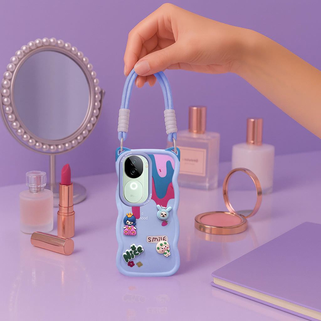 For Vivo iQOO Z9s Back Case Cover Strap (3D embossed Figures | Strap Holder | 360* Soft Cushion with Camera Bump)