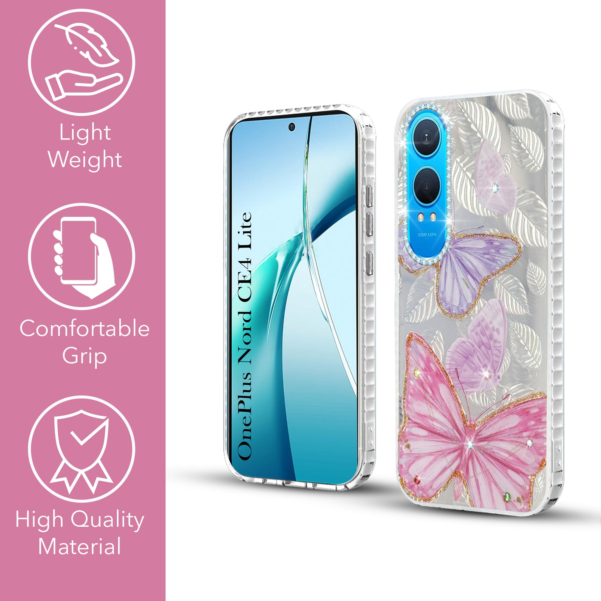 For OnePlus Nord CE 4 Lite Back Cover Case (Luxury Floral Glitter Cute Butterfly | Diamond Studded Camera Bump | Girls & Women Design)