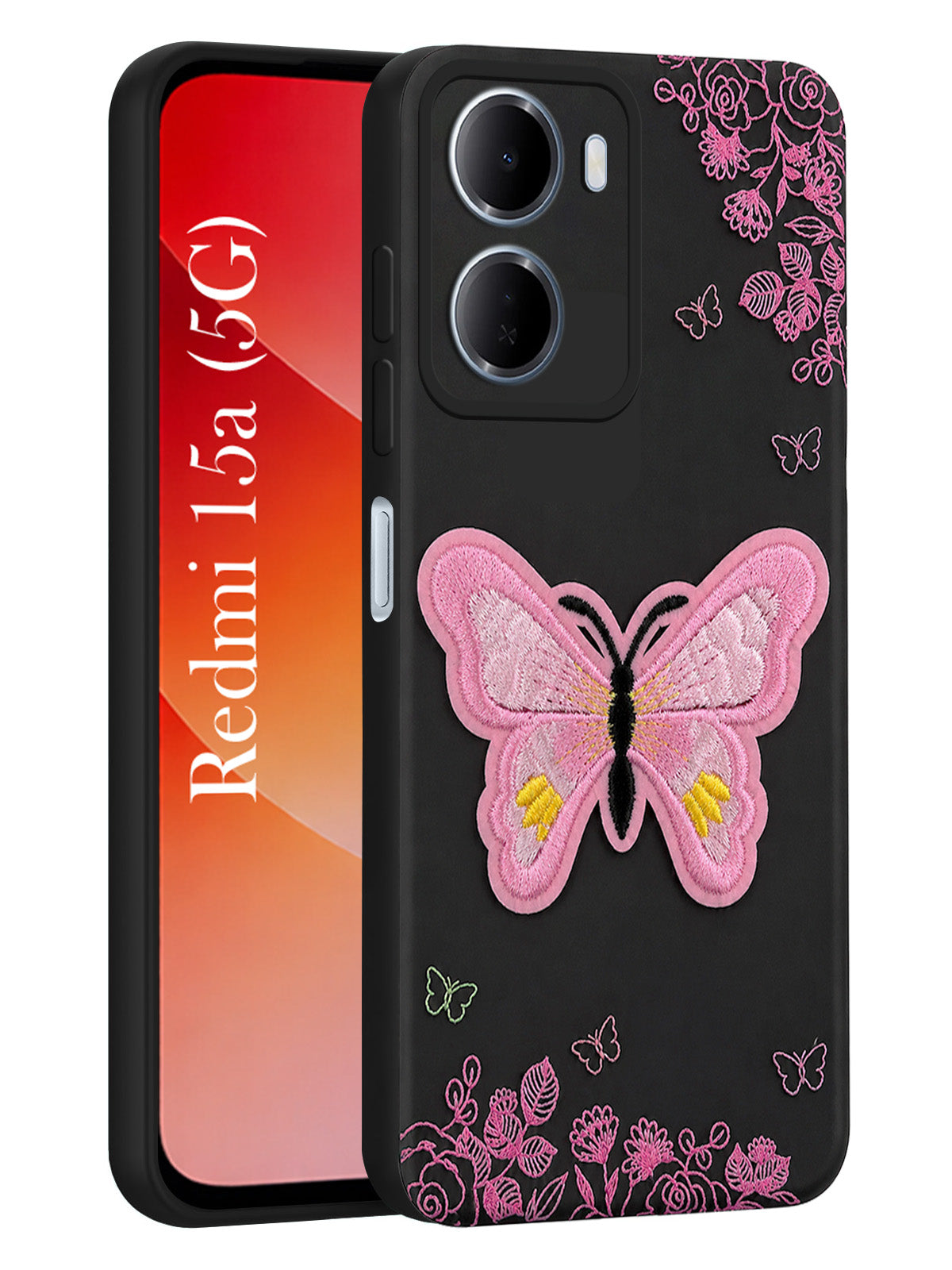 For Redmi 15A 5G Back Cover Case (Soft Butterfly Embroidery | Women Teen Girls | Camera Protection| Matte Silicone)