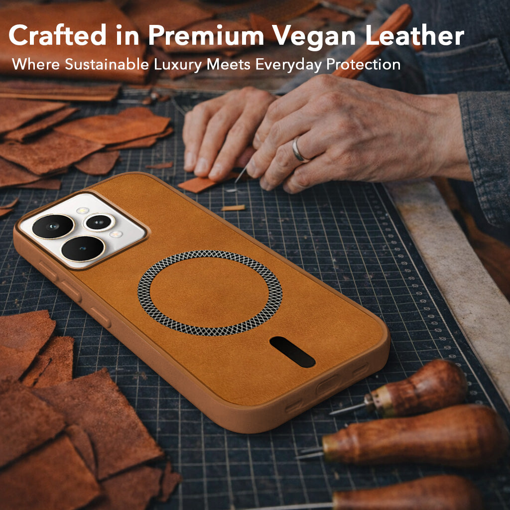 For Realme 15 Back Cover Case Leather Finish (MagSafe Compatible Wireless Charging | Soft Touch | Camera Bump Protection)