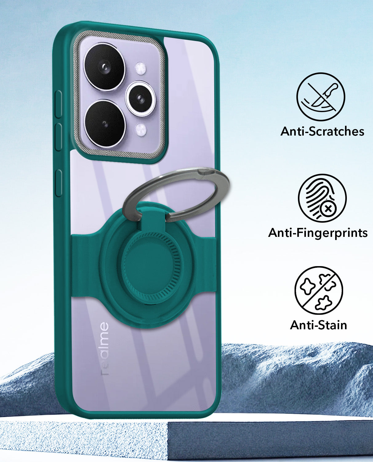 For Realme 15 Pro Back Cover Case with stand (Built-in Ring Holder Kickstand | Lifetime Anti Yellow | Camera Protection)