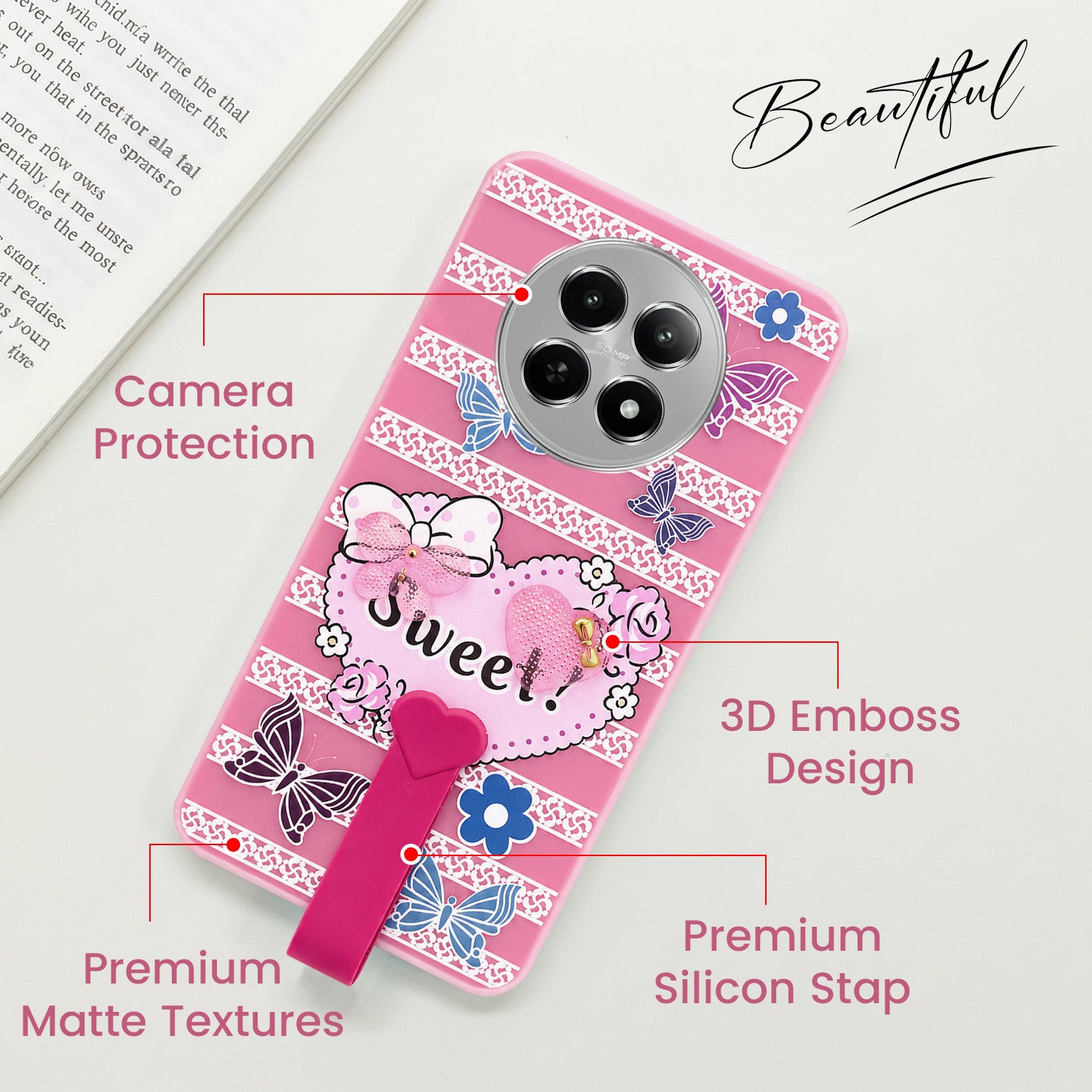 For Realme C65 5G Back Cover Case (3D Cute Heart Strap Holder | Camera Protection | Designer Girls Print)