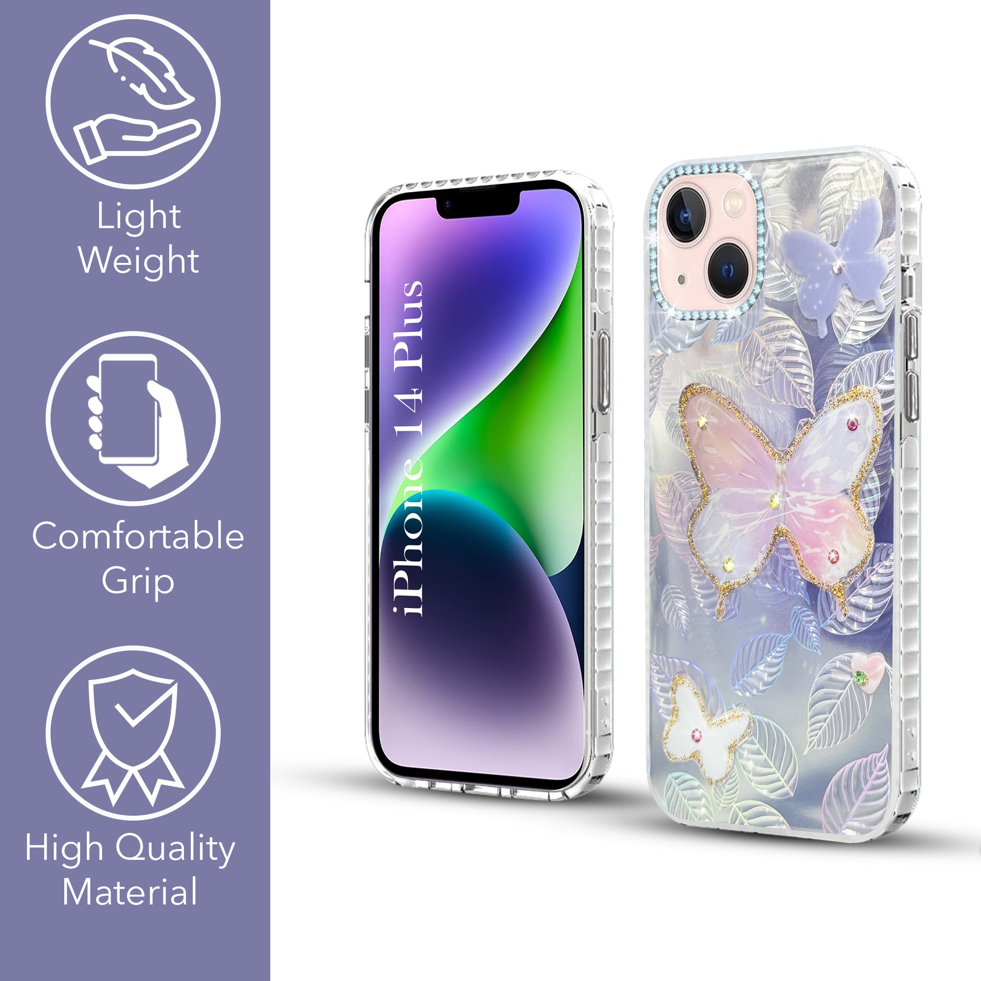 For Apple iPhone 14 Plus Back Cover Case (Luxury Floral Glitter Cute Butterfly | Diamond Studded Camera Bump | Girls & Women Design)