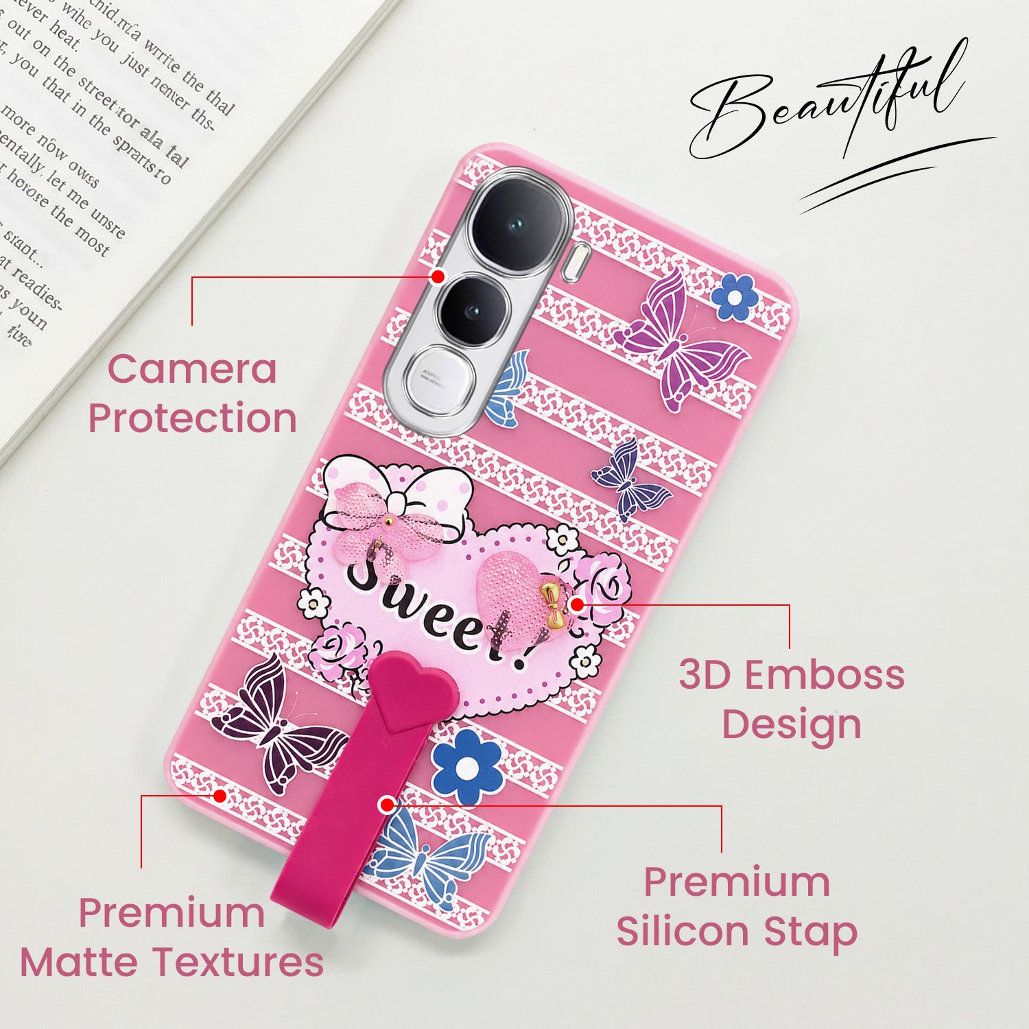 For Vivo Y400 Back Cover Case (3D Cute Heart Strap Holder | Camera Protection | Designer Girls Print)