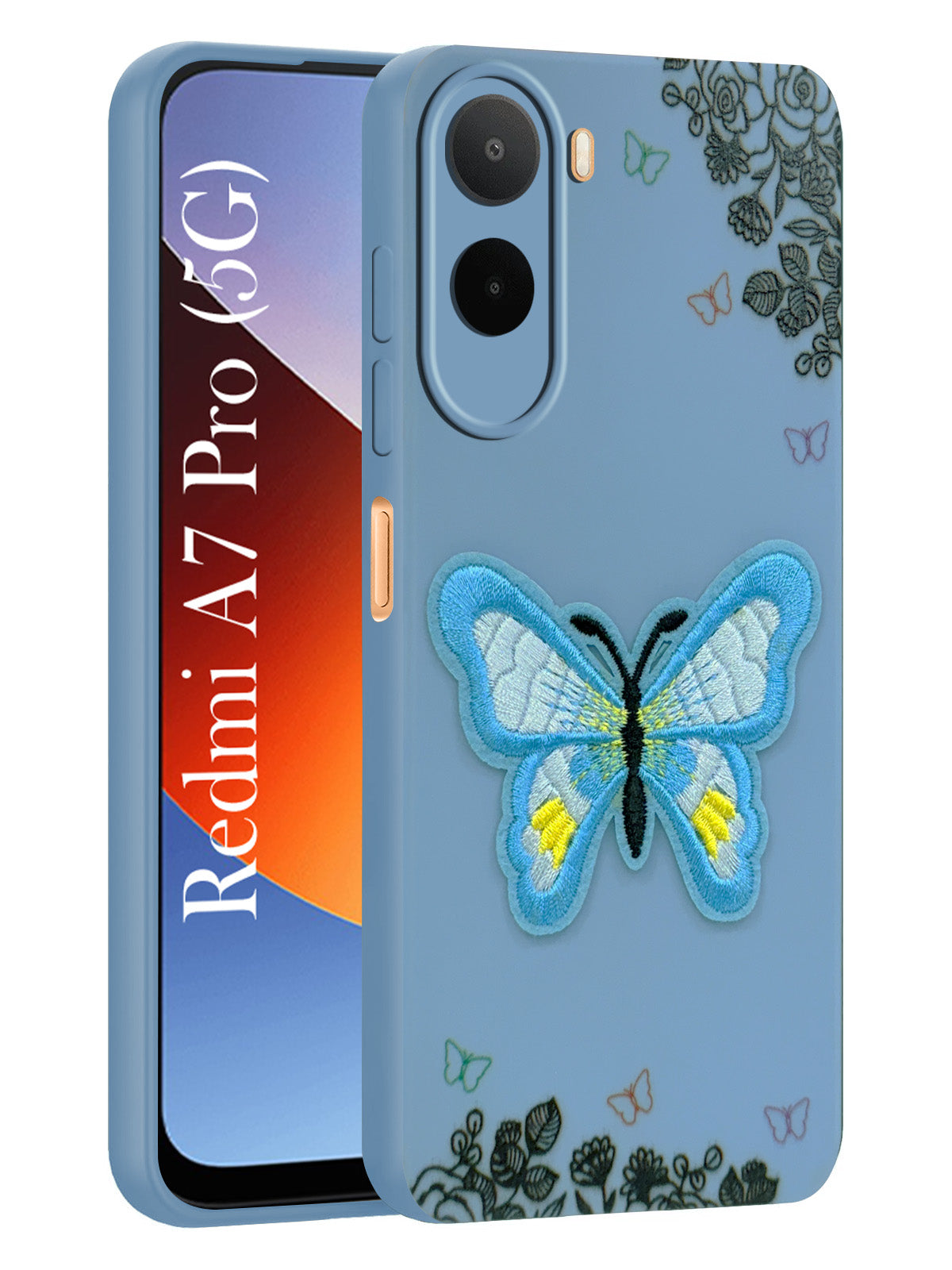 For Redmi A7 Pro 5G Back Cover Case (Soft Butterfly Embroidery | Women Teen Girls | Camera Protection| Matte Silicone)