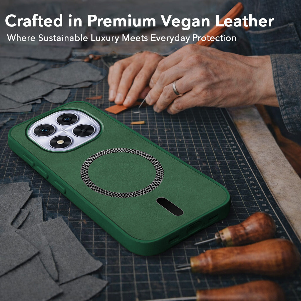 For Redmi Note 14 Pro Back Cover Case Leather Finish (MagSafe Compatible Wireless Charging | Soft Touch | Camera Bump Protection)